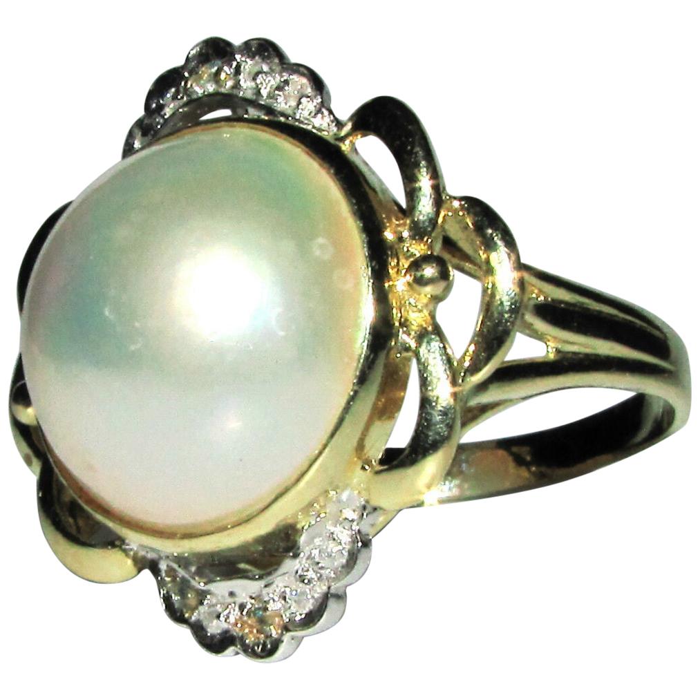 Estate Diamonds Mabe Pearl Cocktail Ring 14 Karat