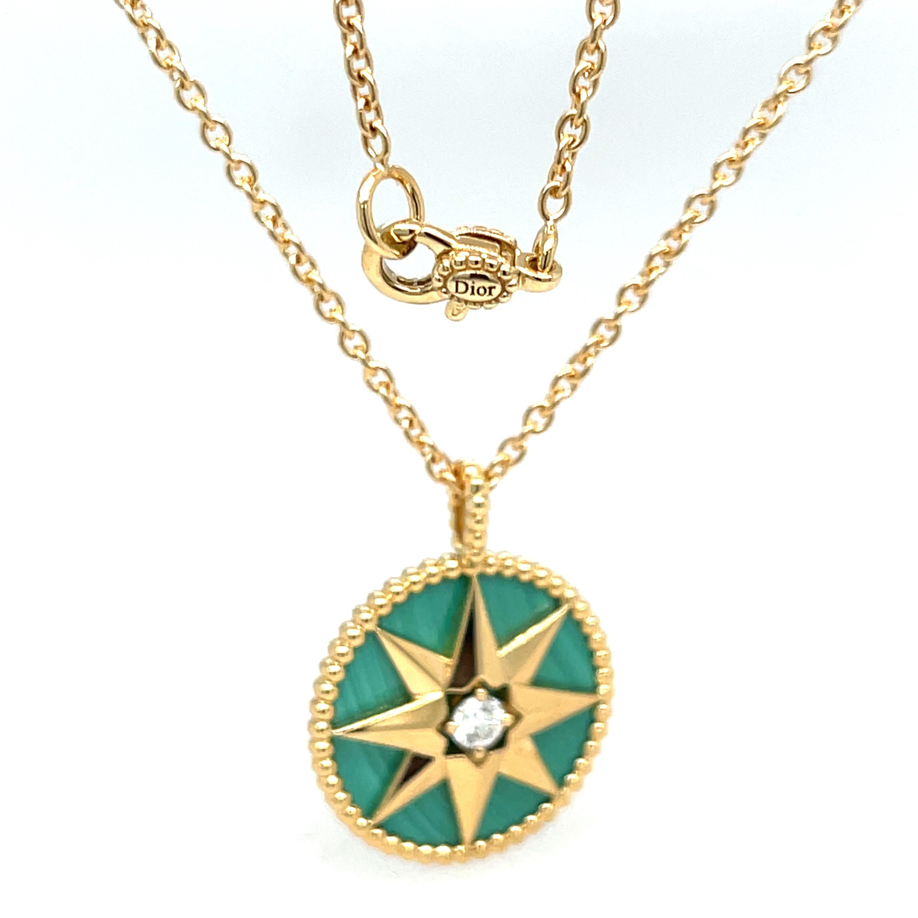 Estate Dior Rose des Vents Medallion Necklace. 18K Yellow Gold Malachite and Diamond 0.15ct Pendant Necklace 33.5