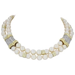 Estate Double Strand Pearl and Diamond Pave Necklace