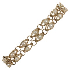 Vintage Estate Double-Strand Yellow Gold Fancy Chain Bracelet with Pearls