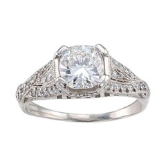 Estate E Color 1.01 Carat Cushion Cut Platinum Solitaire Engagement Ring