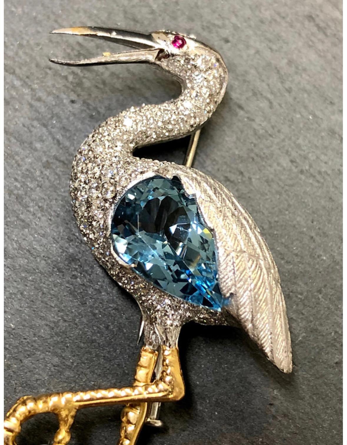 Contemporary Estate Edward Wolfe 18K Aquamrine Diamond Egret Pin For Sale