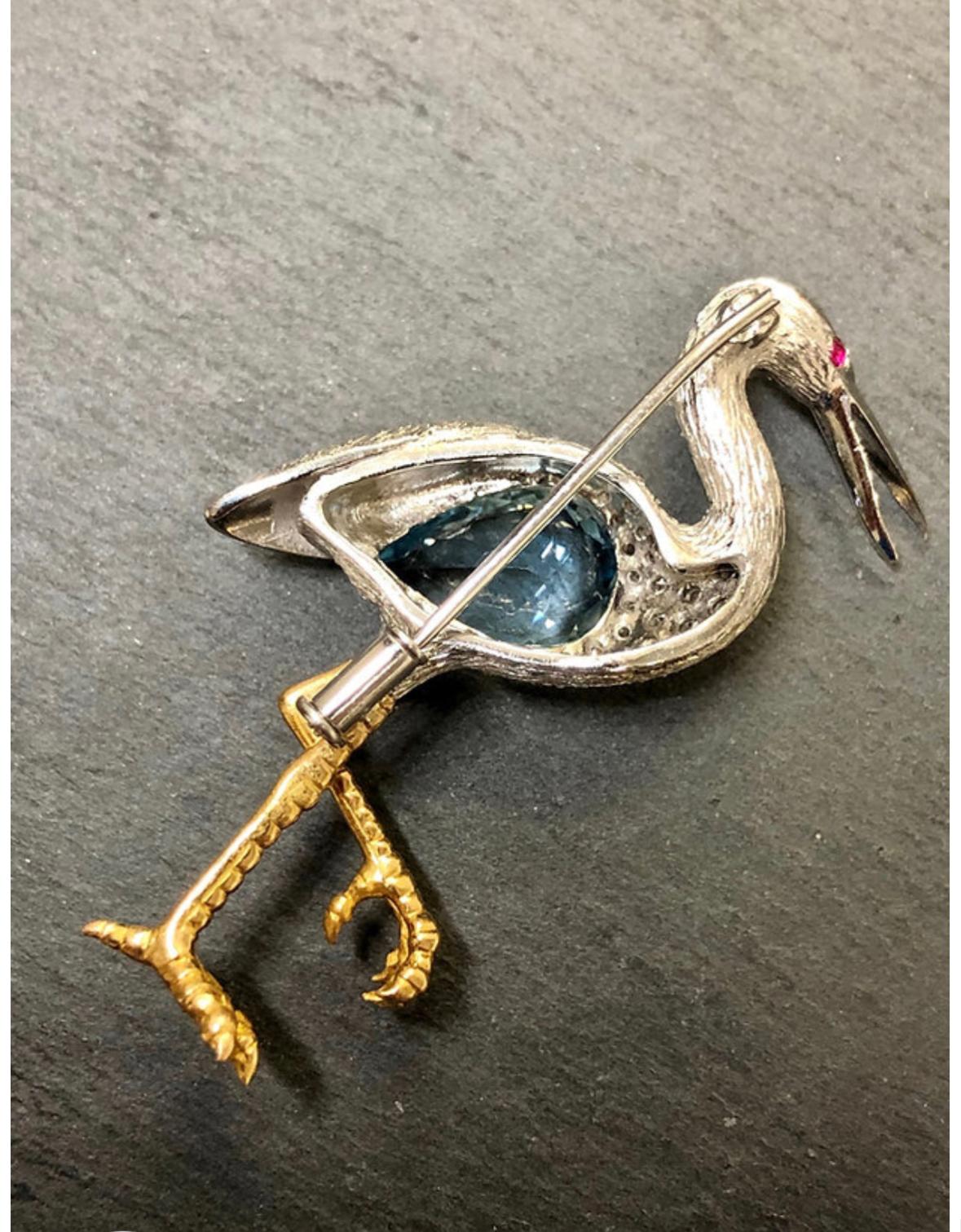 Pear Cut Estate Edward Wolfe 18K Aquamrine Diamond Egret Pin For Sale