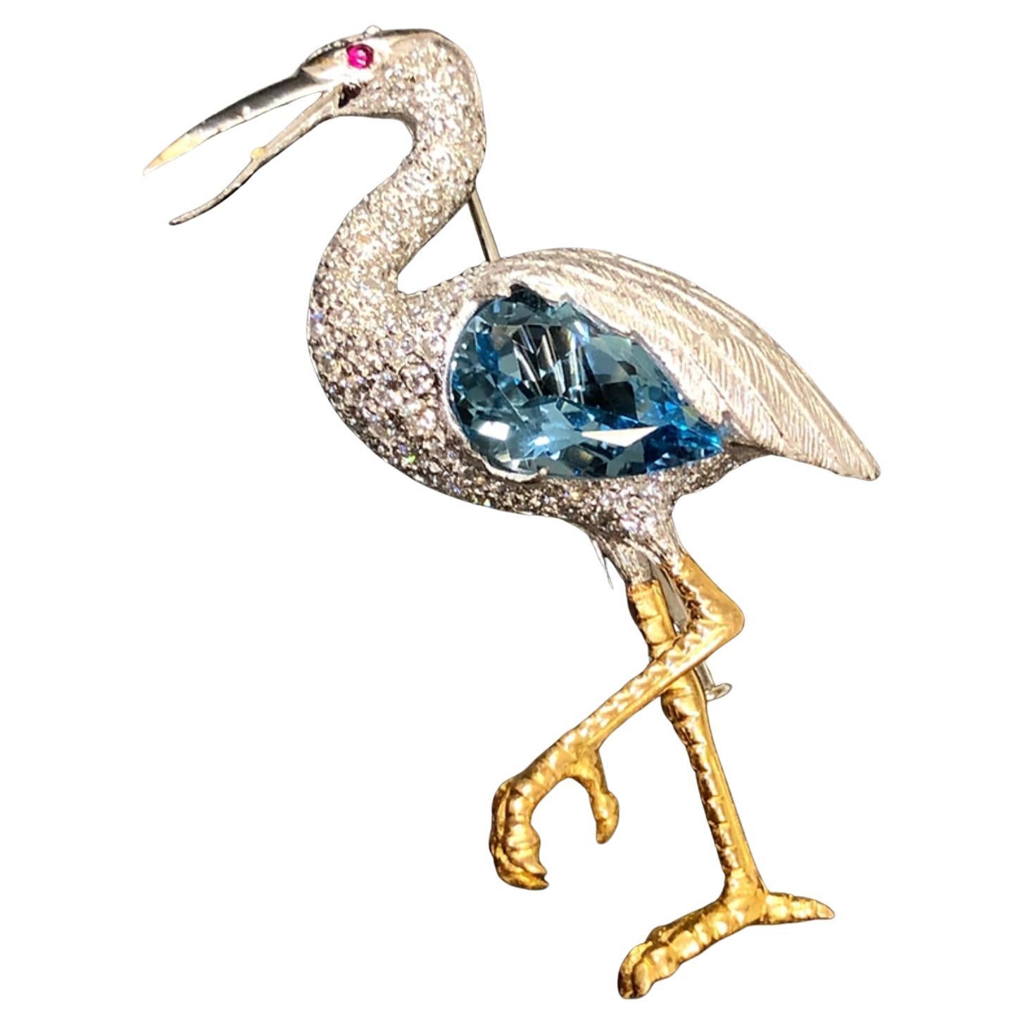Estate Edward Wolfe 18K Aquamrine Diamond Egret Pin For Sale
