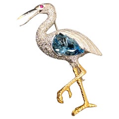 Nachlass Edward Wolfe 18K Aquamrine Diamant Egret Pin