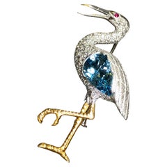 Estate Edward Wolfe 18K Aquamrine Diamond Egret Pin