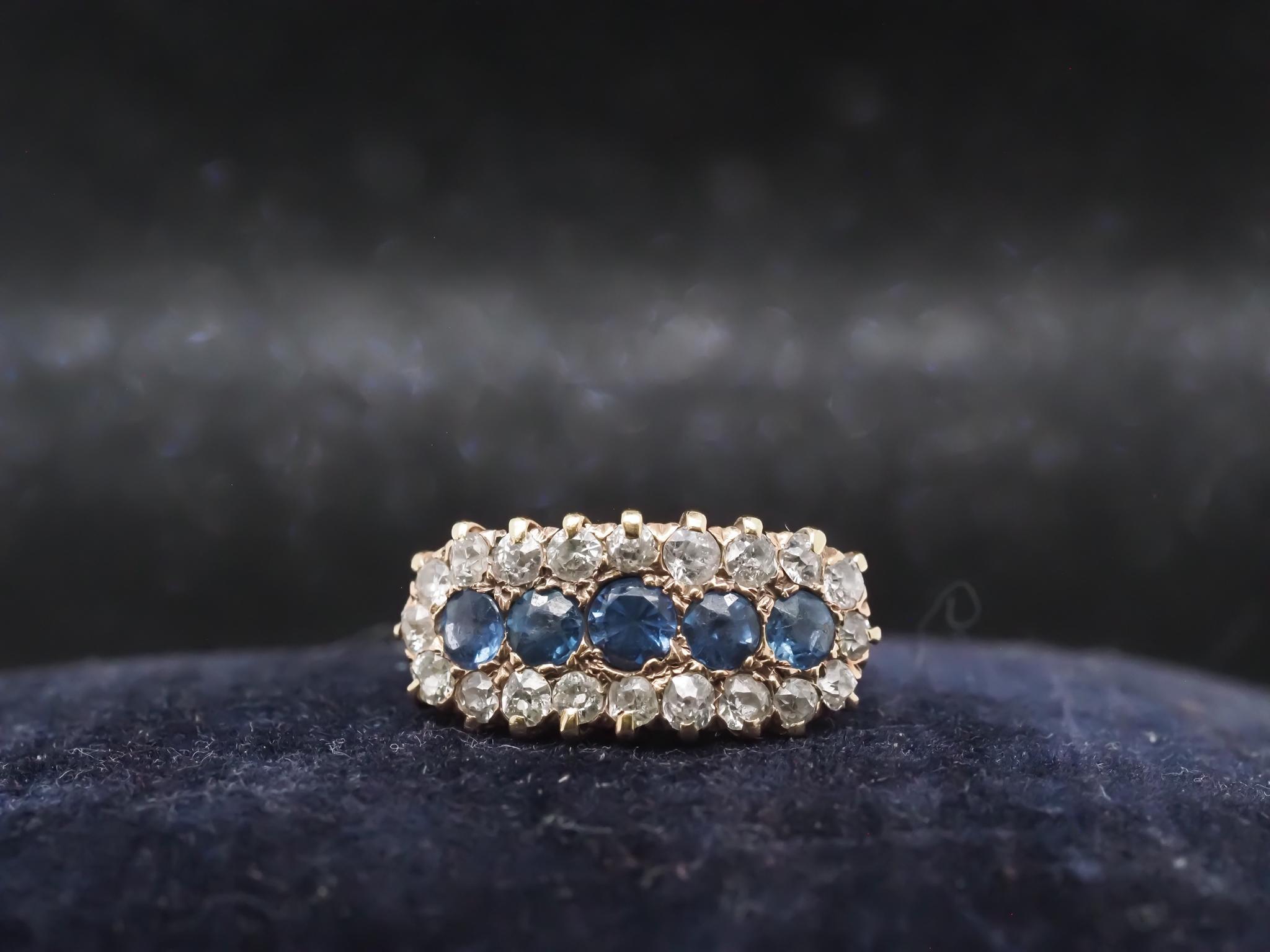 Edoardiano Anello di proprietà in oro 14K con zaffiro e diamante Old Mine - VHK#998 in vendita