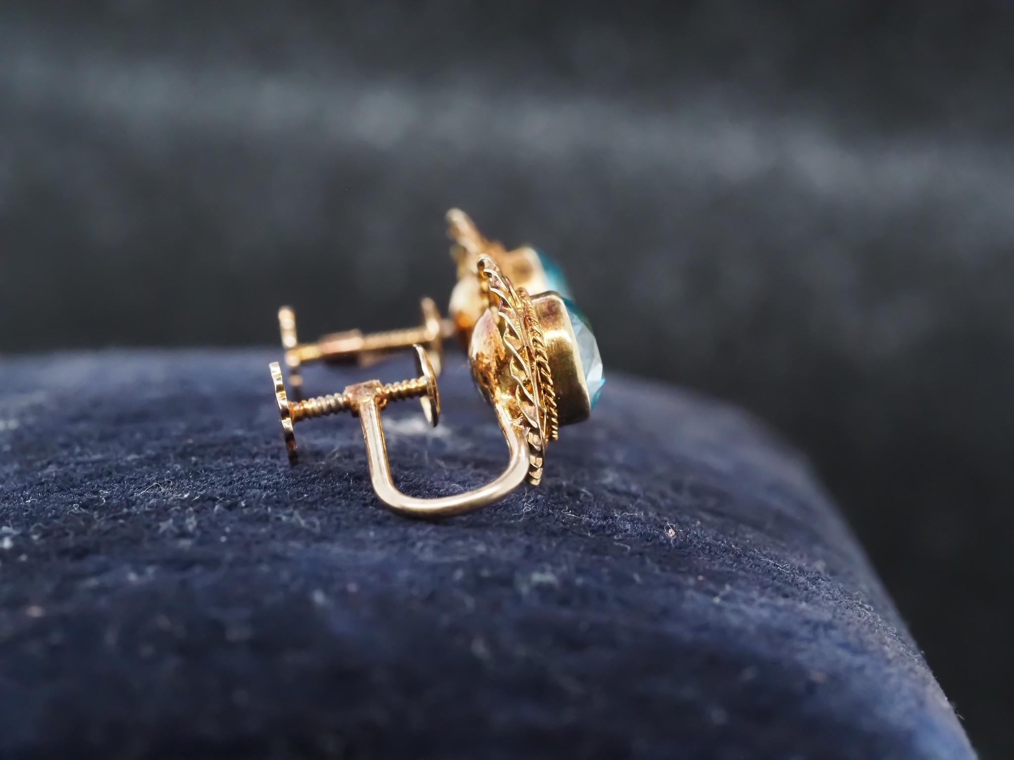 Estate Edwardian 14K Gelbgold Blau Zirkon Ohrringe - VHK#635a im Angebot 6