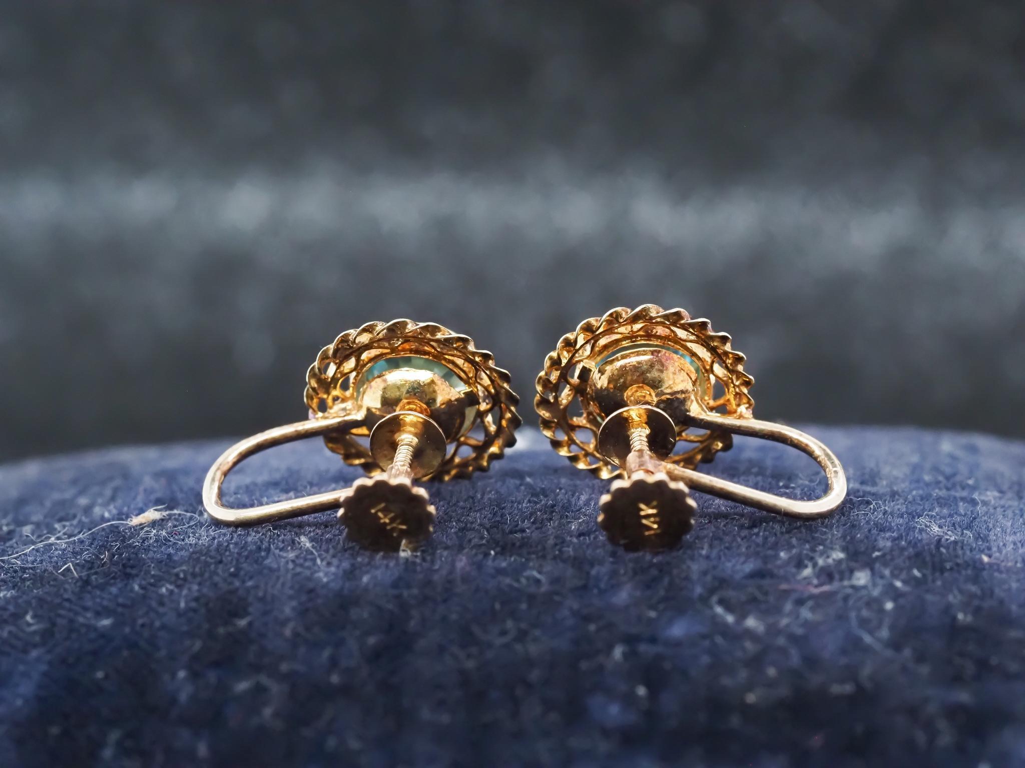 Estate Edwardian 14K Gelbgold Blau Zirkon Ohrringe - VHK#635a Damen im Angebot