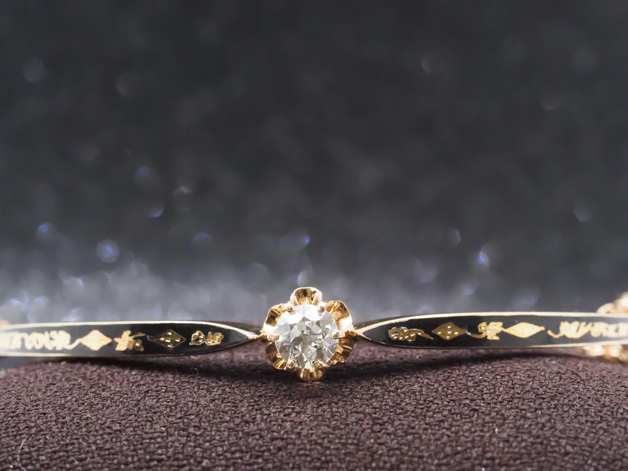 Édouardien Bracelet jonc édouardien de succession en or jaune 14 carats, diamant européen ancien et émail - VHK n°73 en vente