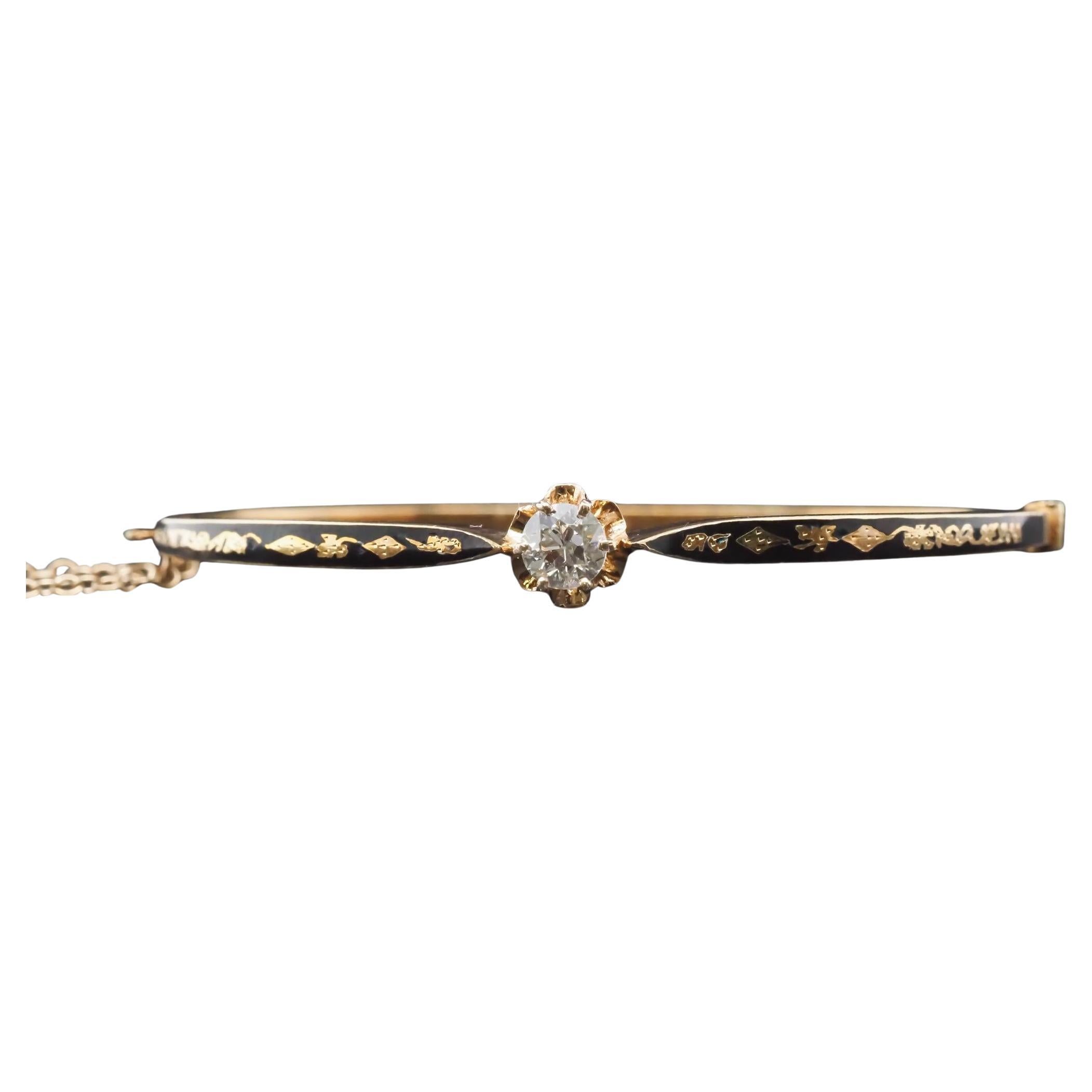 Estate Edwardian 14K Yellow Gold Old European Diamond and Enamel Bangle - VHK#73