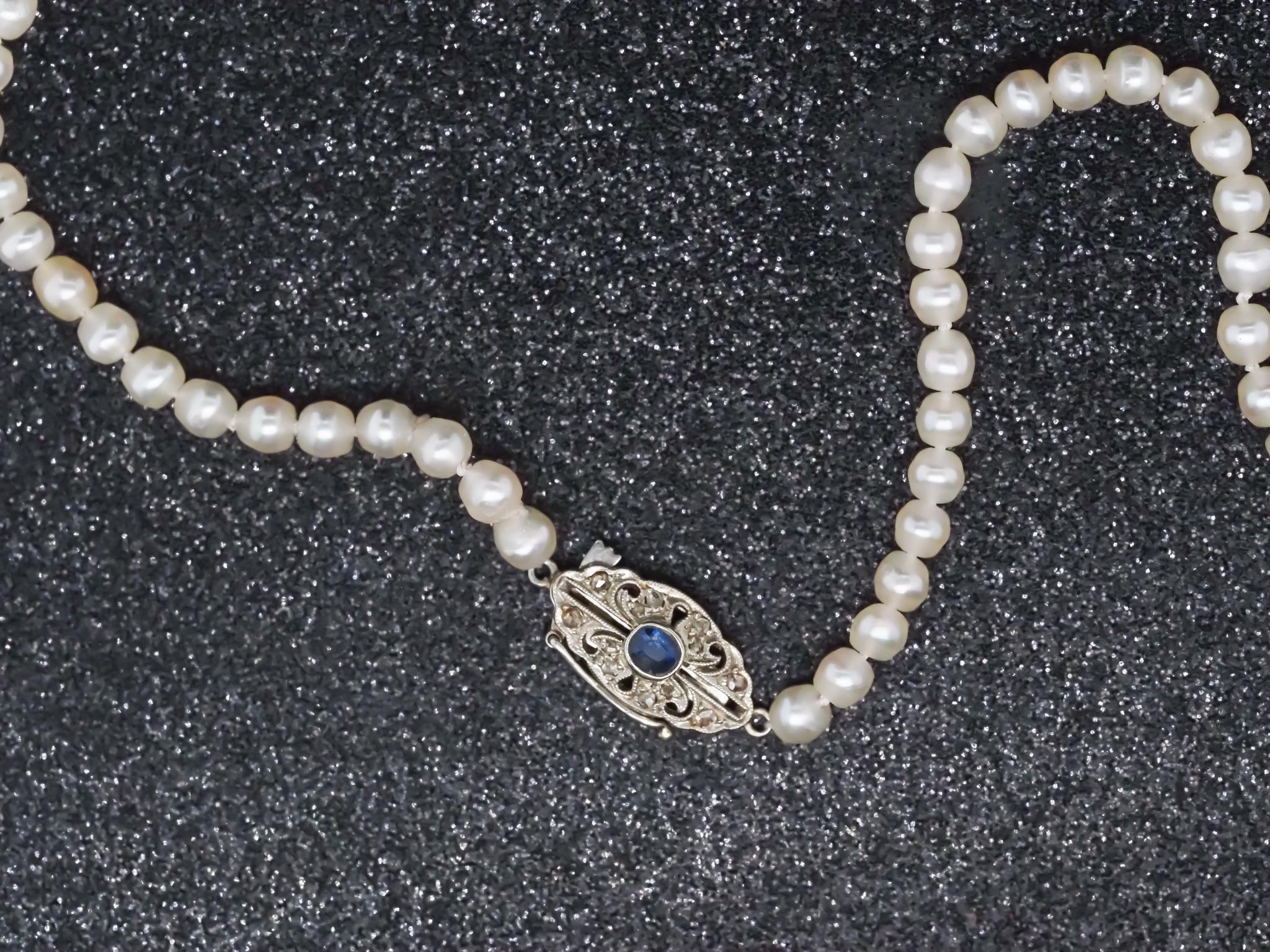 Estate Edwardian GIA Natural Saltwater Pearl Necklace & Sapphire Clasp VHK#965 In Good Condition For Sale In Hicksville, NY