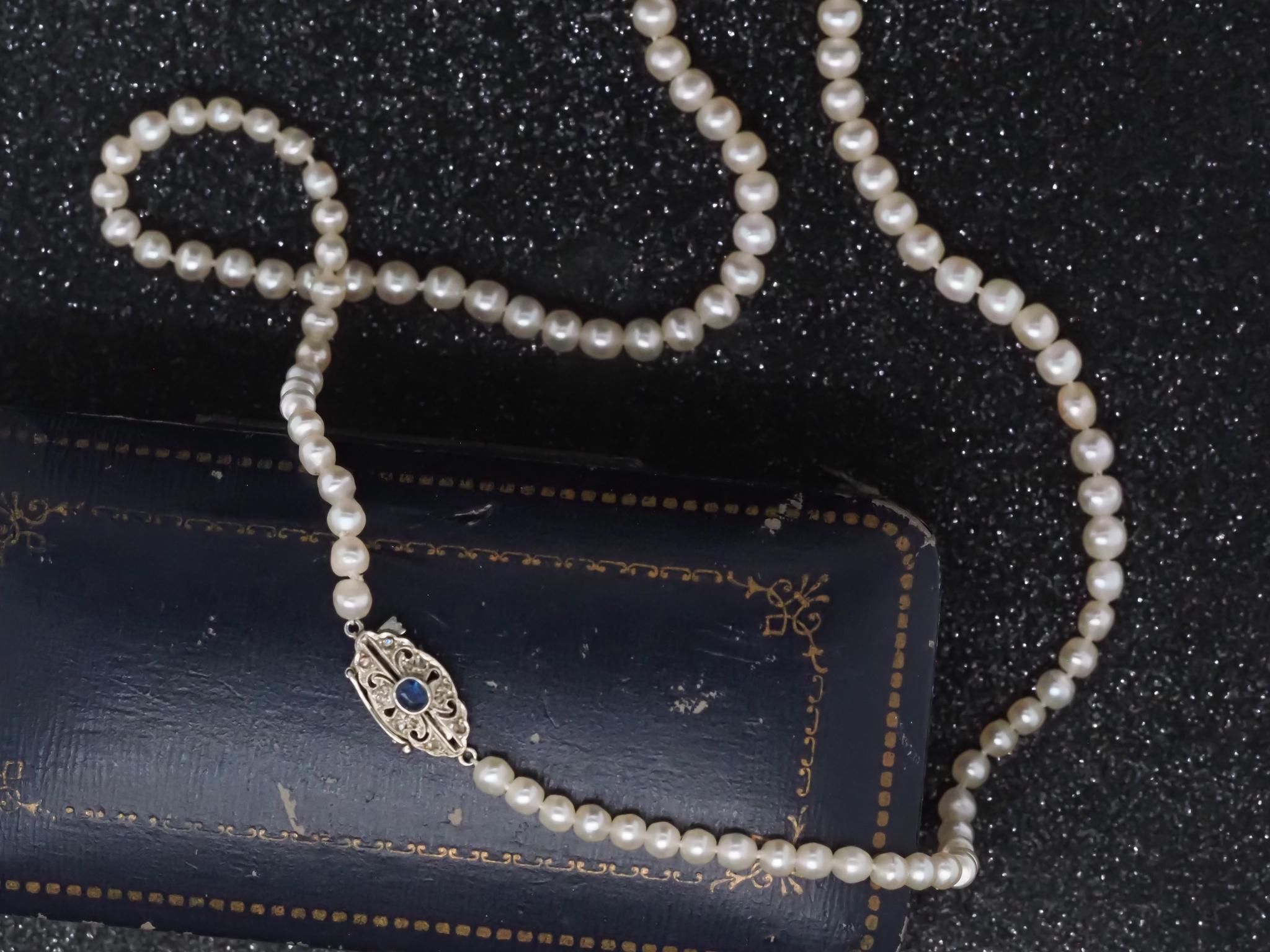 Women's or Men's Estate Edwardian GIA Natural Saltwater Pearl Necklace & Sapphire Clasp VHK#965 For Sale