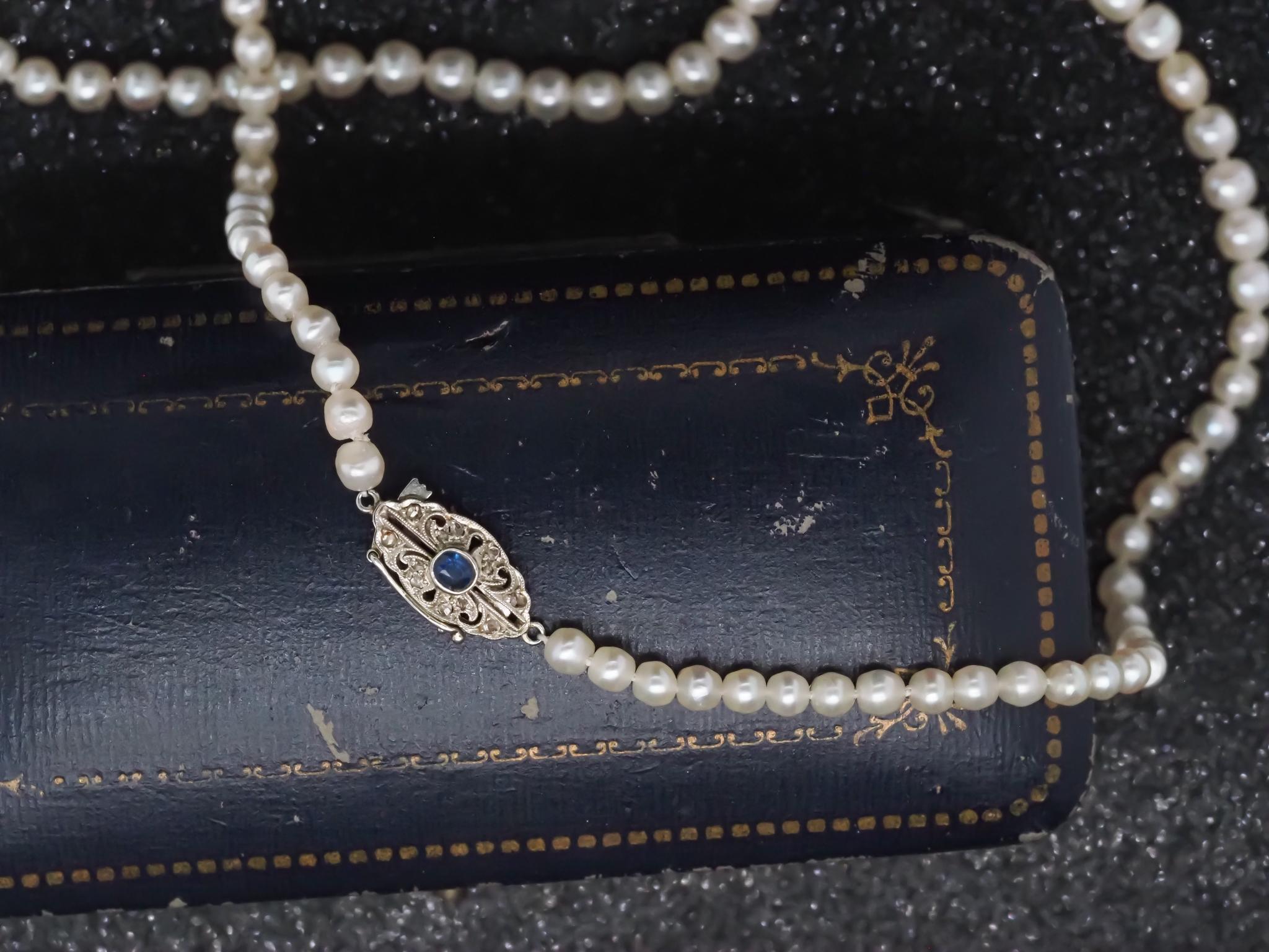 Estate Edwardian GIA Natural Saltwater Pearl Necklace & Sapphire Clasp VHK#965 For Sale 1