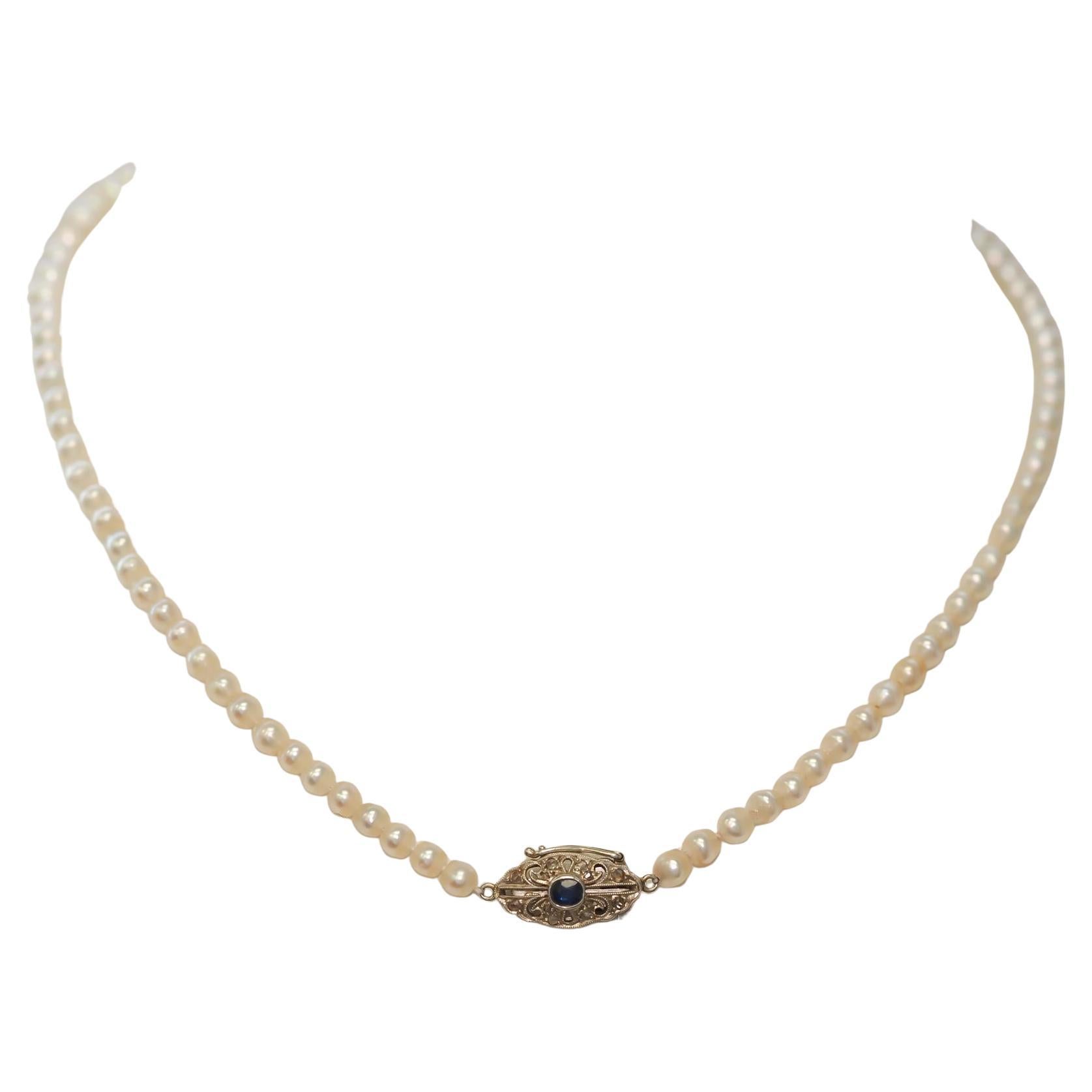 Estate Edwardian GIA Natural Saltwater Pearl Necklace & Sapphire Clasp VHK#965