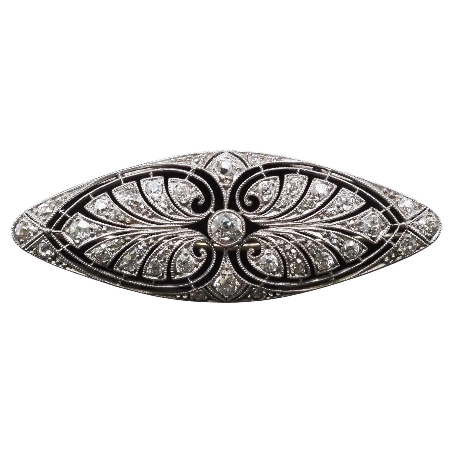 Estate Edwardian Platinum Navette Old European Diamond Brooch
