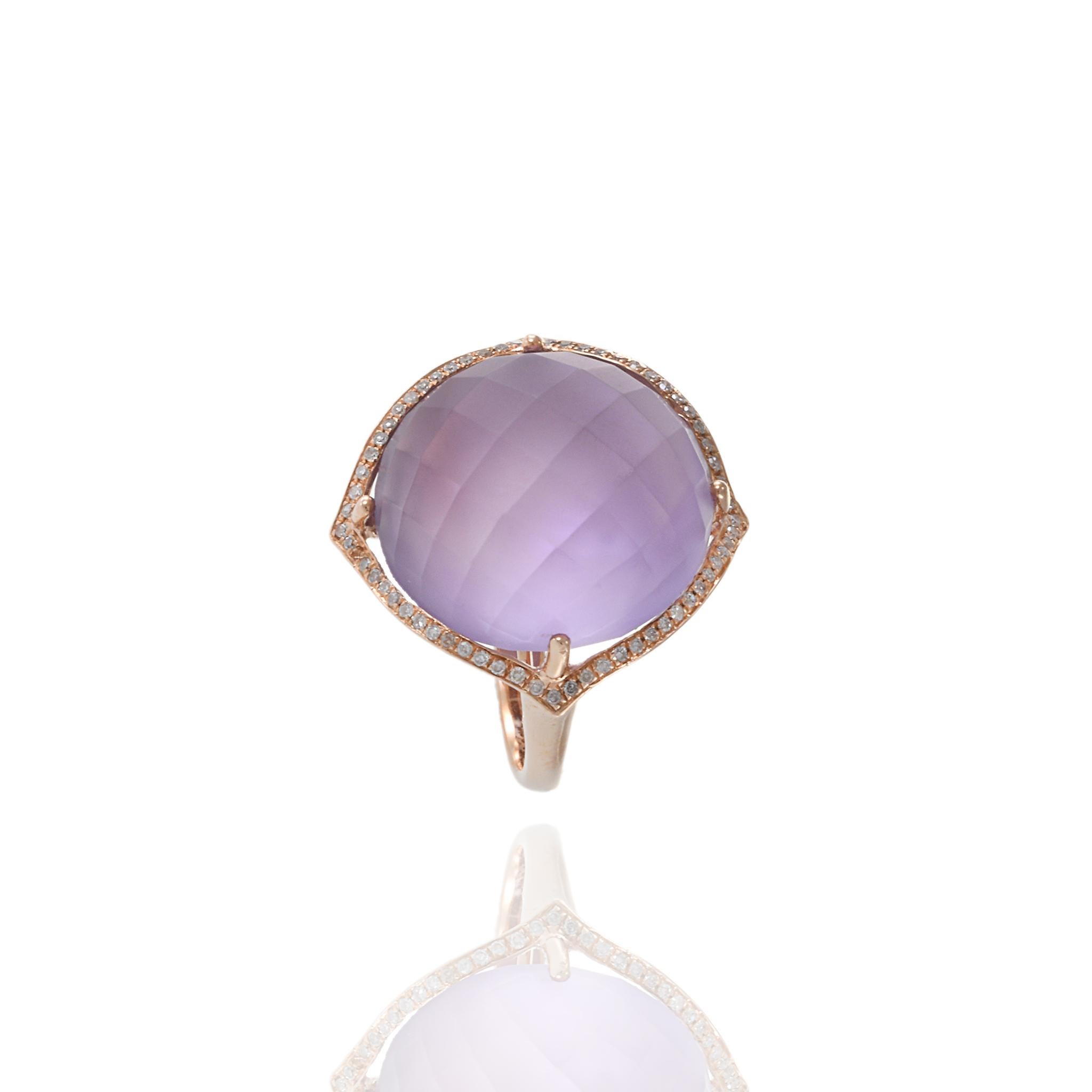 Estate Effy 14KT Rose Gold Faceted Cabochon Purple Amethyst and Diamond Cocktail Ring. This striking ring features a vibrant purple amethyst centerpiece, accented by 0.28 carats of round cut diamonds. Crafted from luxurious 14KT rose gold, it exudes
