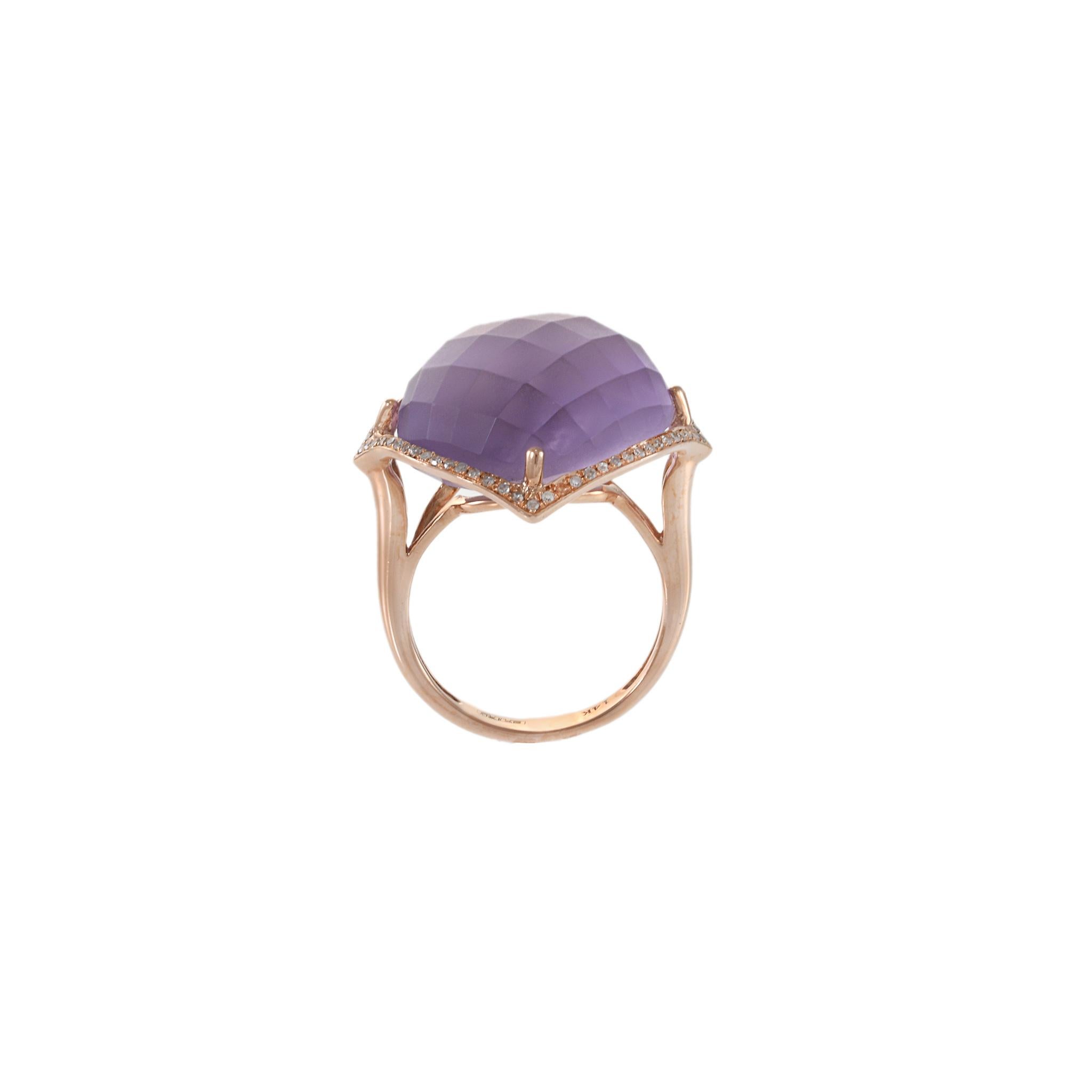 Estate Effy 14KT Rose Gold Faceted Cabochon Purple Amethyst and Diamond Cocktail In Excellent Condition In New York, NY