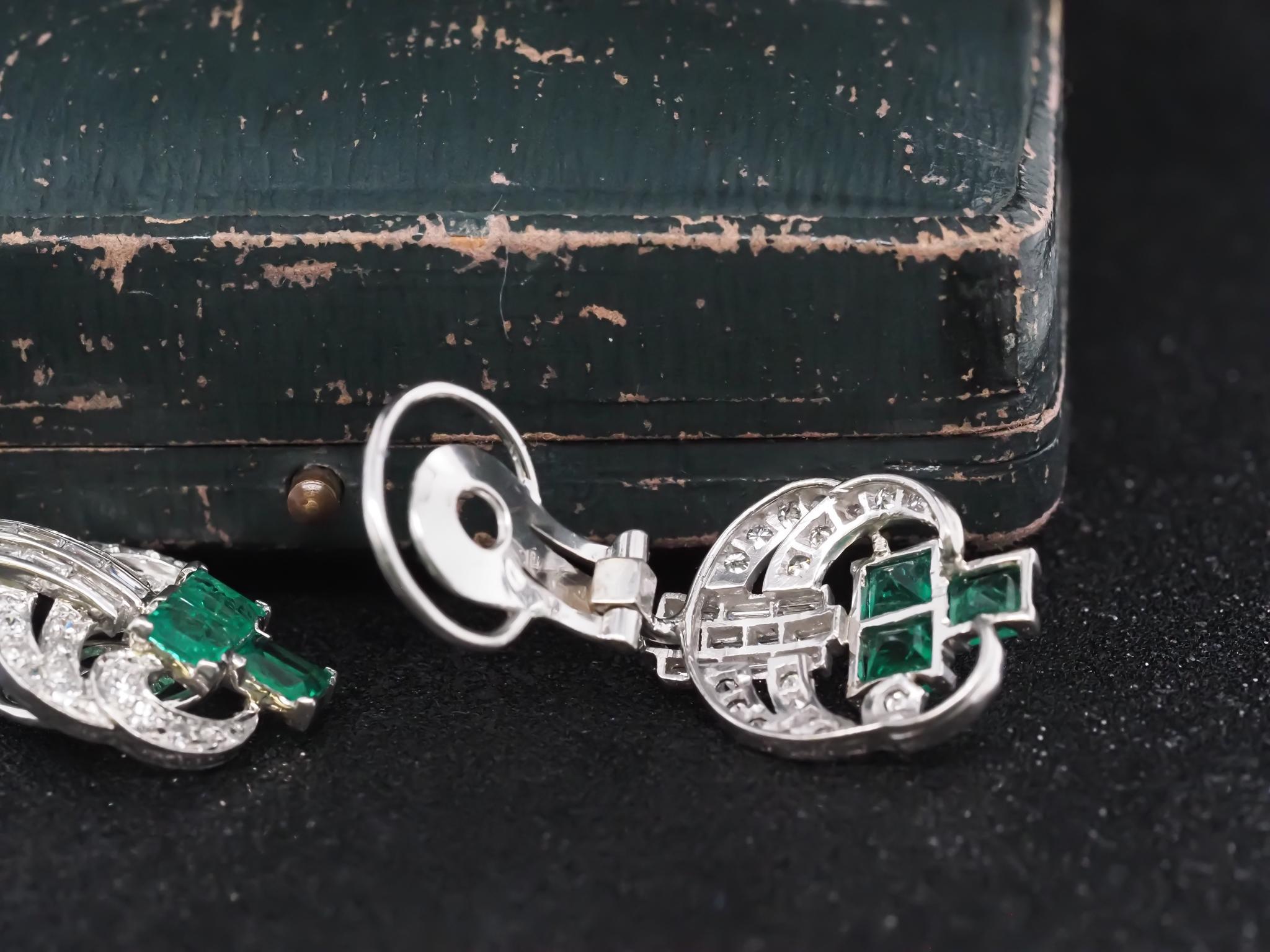 Estate Emerald and Diamond 1940s Earrings in Platinum For Sale 7