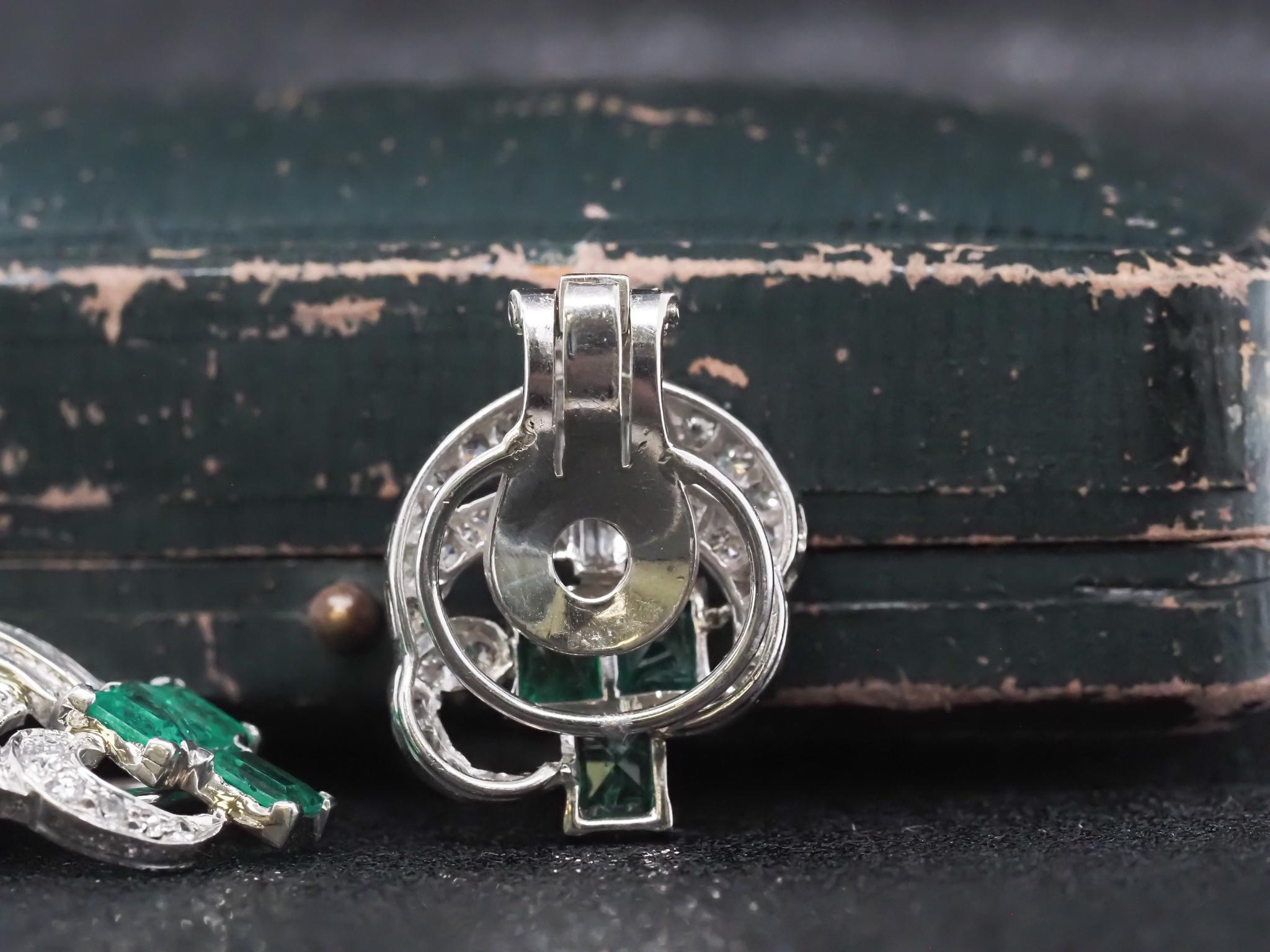 Estate Emerald and Diamond 1940s Earrings in Platinum For Sale 8