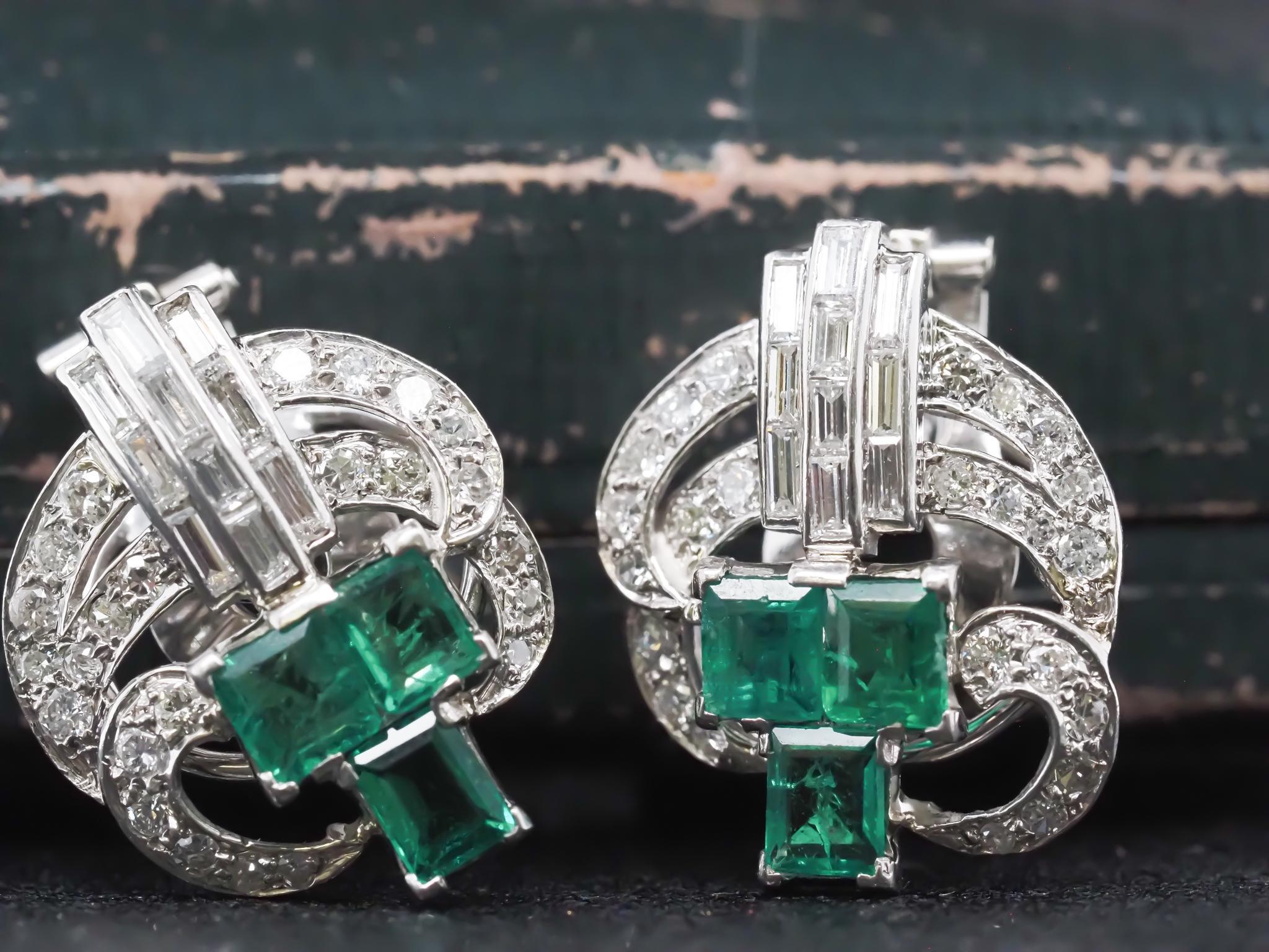 Estate Emerald and Diamond 1940s Earrings in Platinum For Sale 11