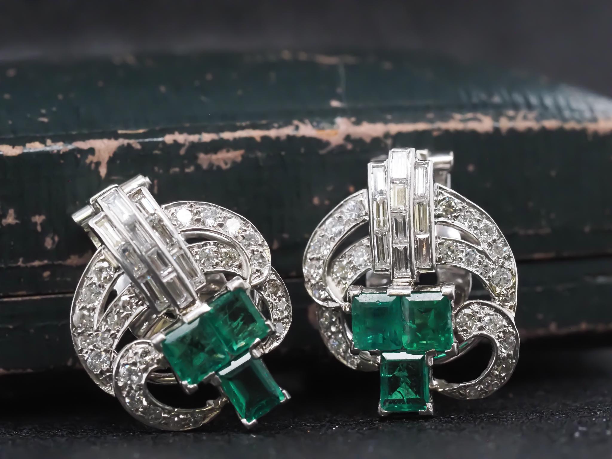 Estate Emerald and Diamond 1940s Earrings in Platinum For Sale 12