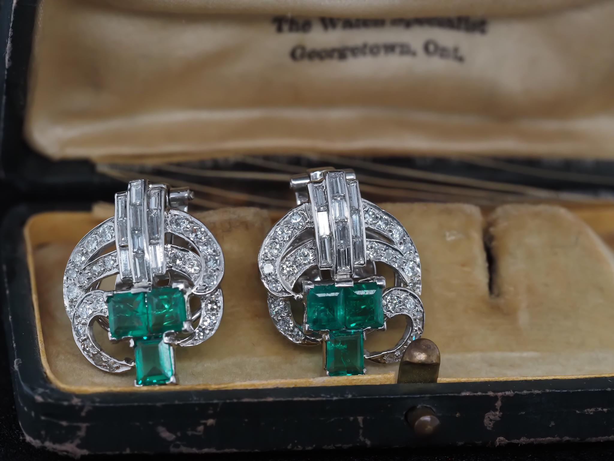 Estate Emerald and Diamond 1940s Earrings in Platinum For Sale 14