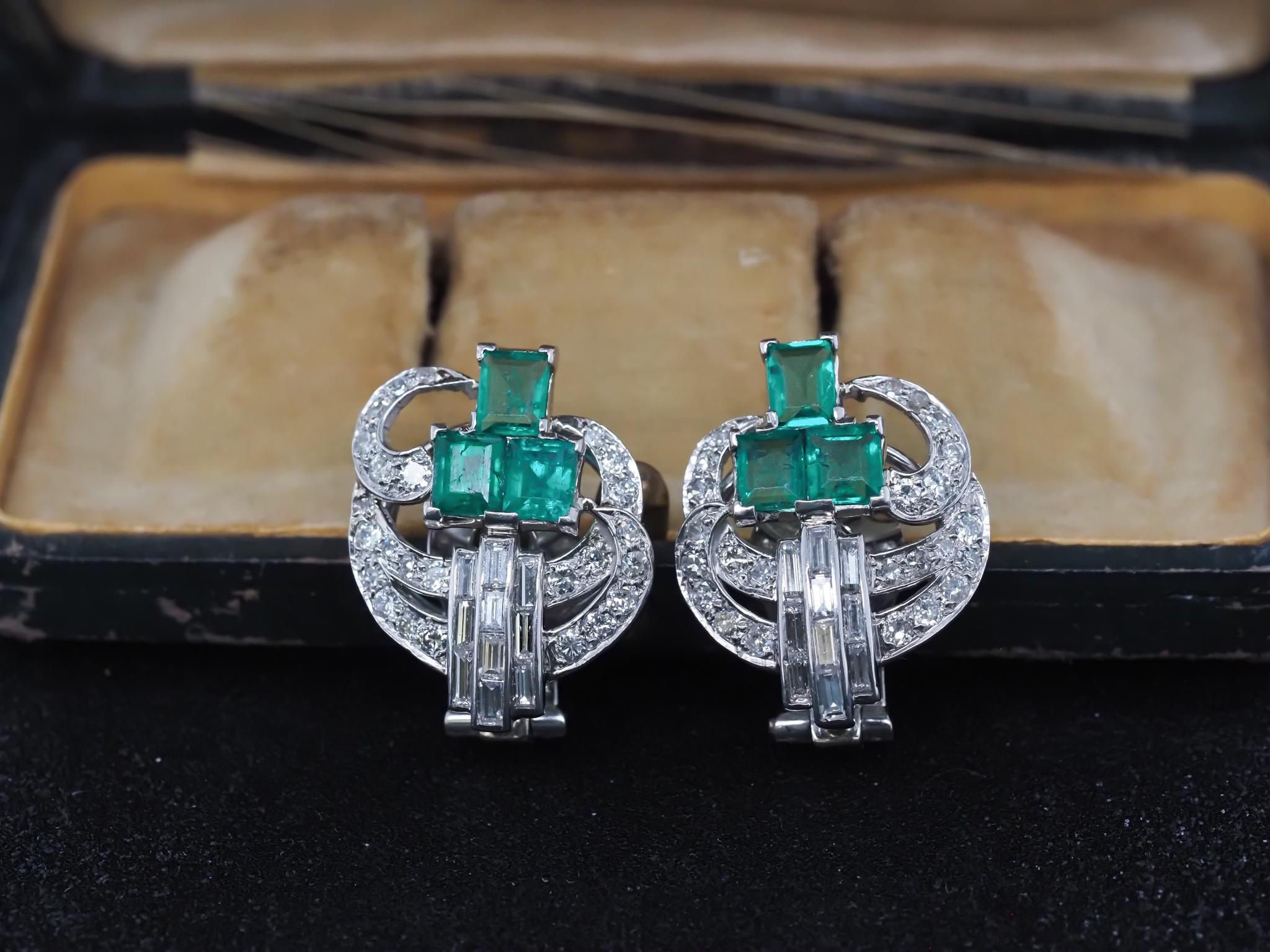 Old European Cut Estate Emerald and Diamond 1940s Earrings in Platinum For Sale