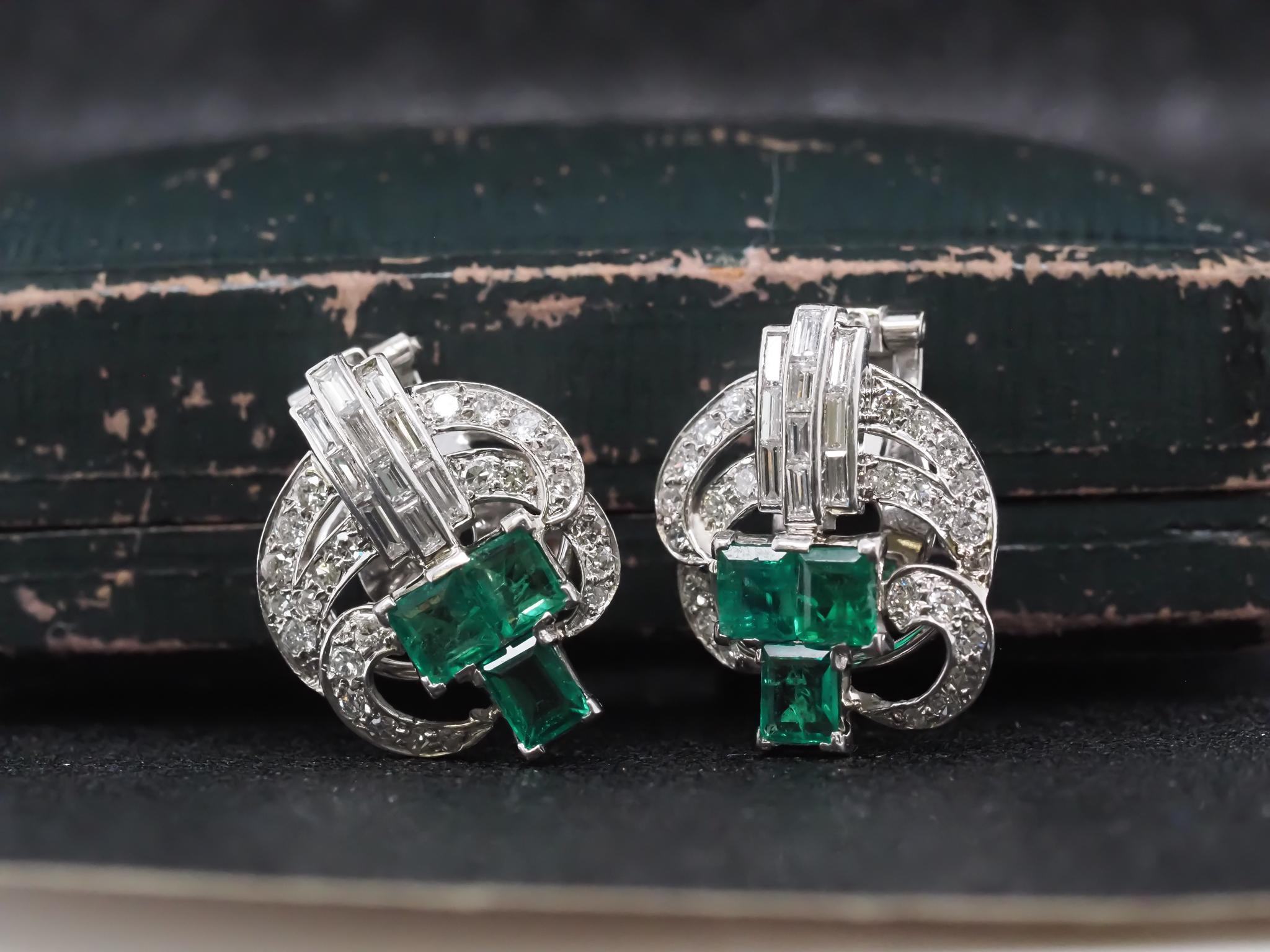 Women's Estate Emerald and Diamond 1940s Earrings in Platinum For Sale