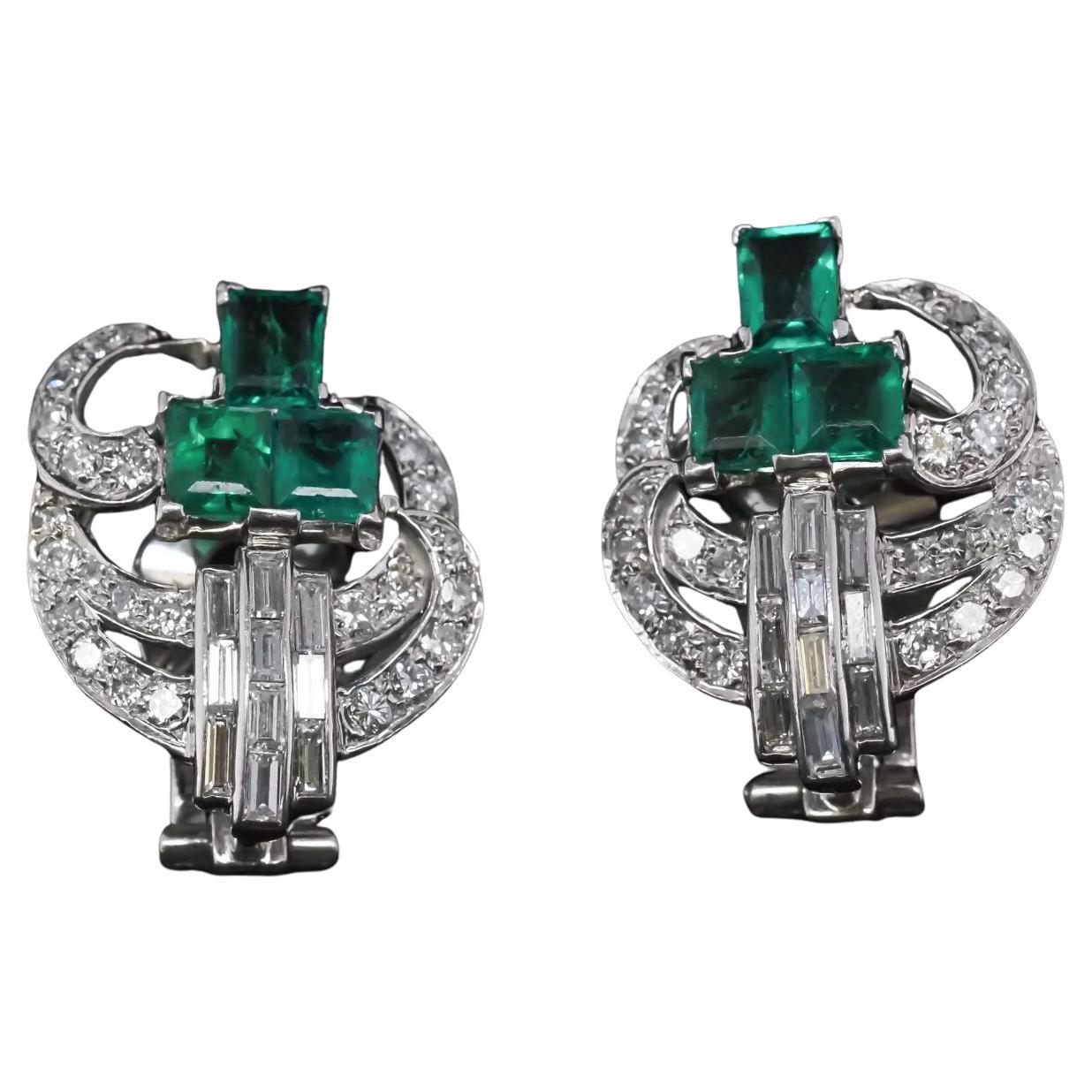 Estate Emerald and Diamond 1940s Earrings in Platinum