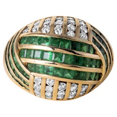 Estate Emerald and Diamond Channel Set Dome Ring 18K Yellow Gold