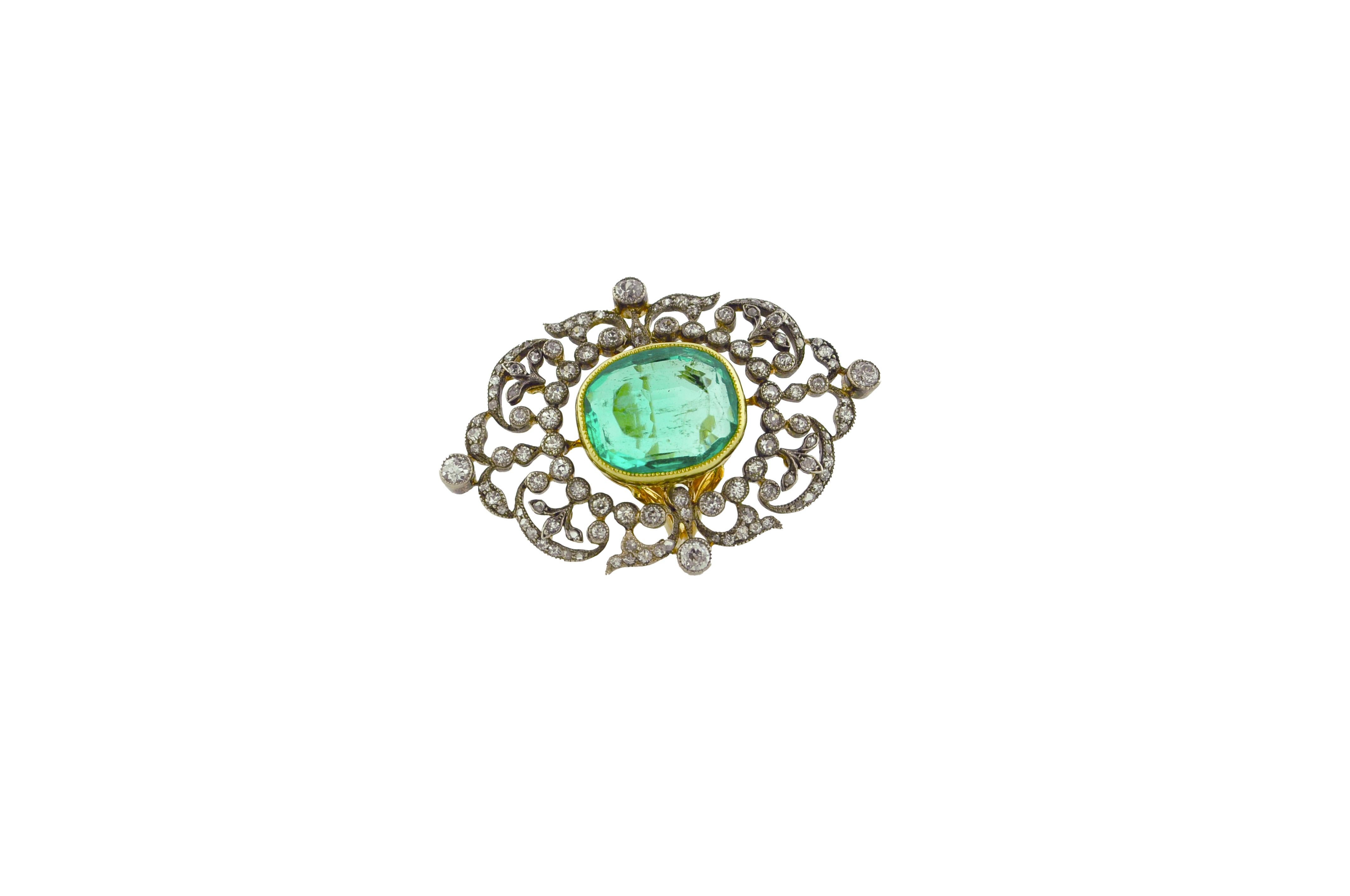 This piece was originally a pendant that dates back to the beginning of the 20th century and was later converted into a ring in early 2000.

Emerald: 14.4mm x 12.00mm x 6.5mm

Length of the ring: 1 3/4 inches 
Width: 1 1/4 inches

Ring size 5 1/2