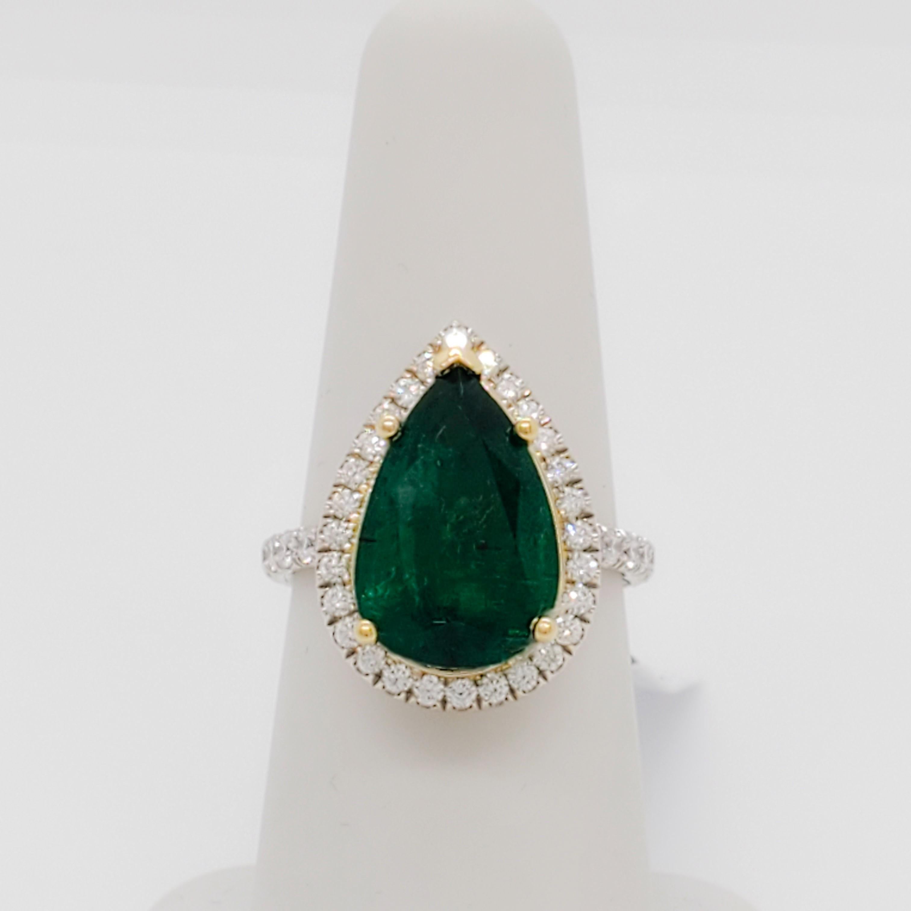 Pear Cut Estate Emerald and Diamond Cocktail Ring in 18k White and Yellow Gold For Sale