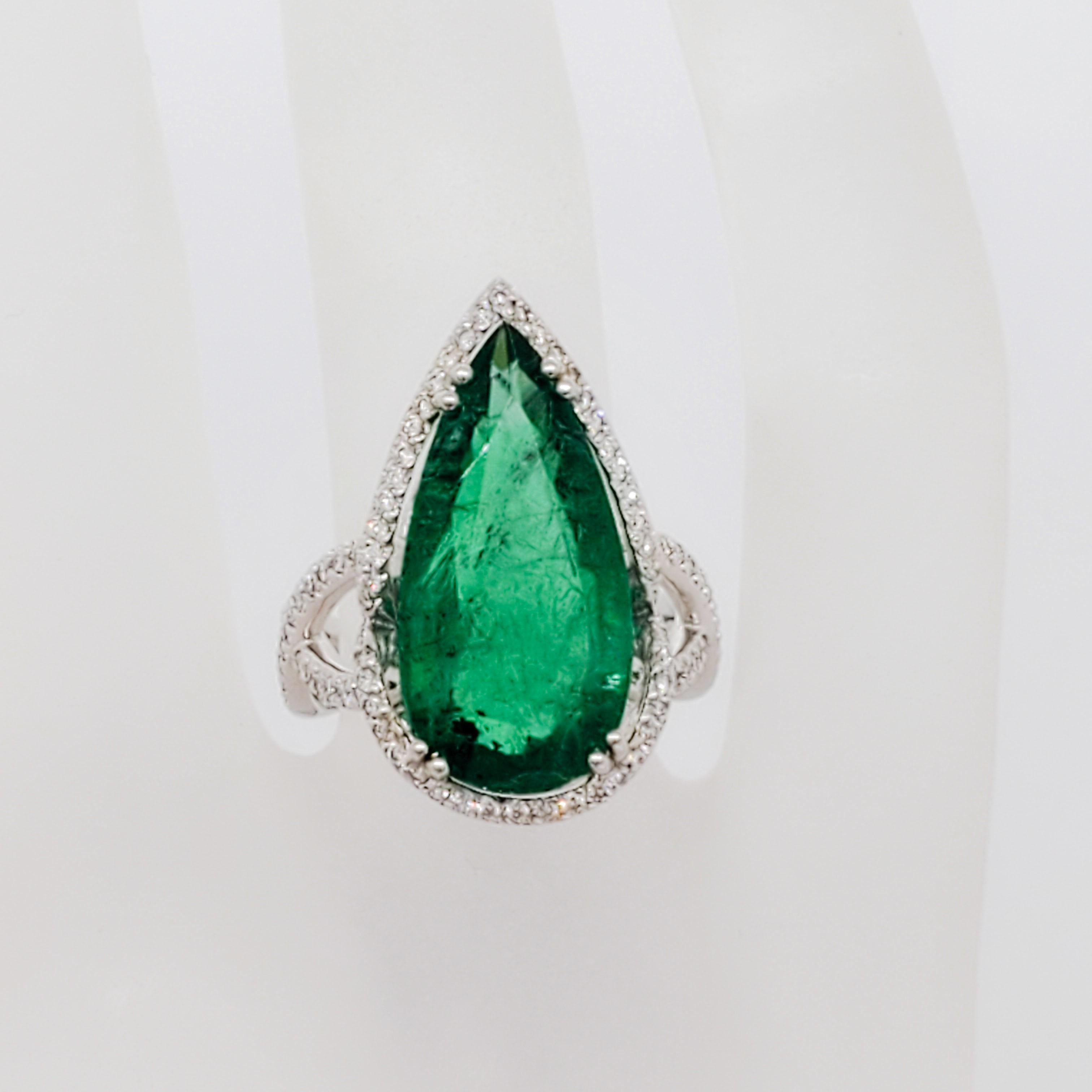Pear Cut Estate Emerald and Diamond Cocktail Ring in Platinum