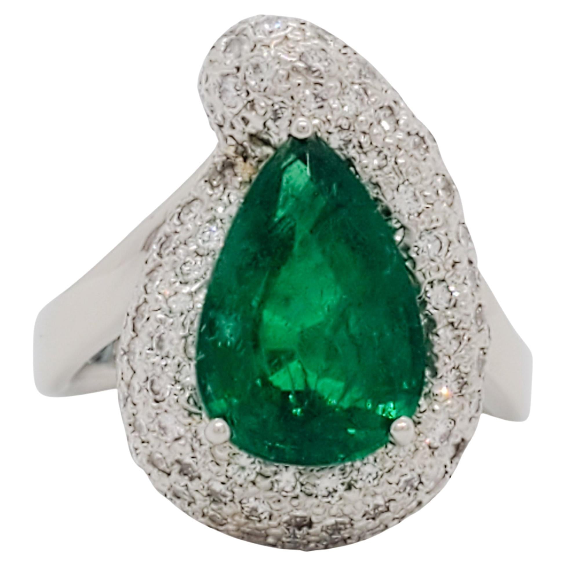 Pear Cut Emerald and Diamond Cocktail Ring in Platinum For Sale