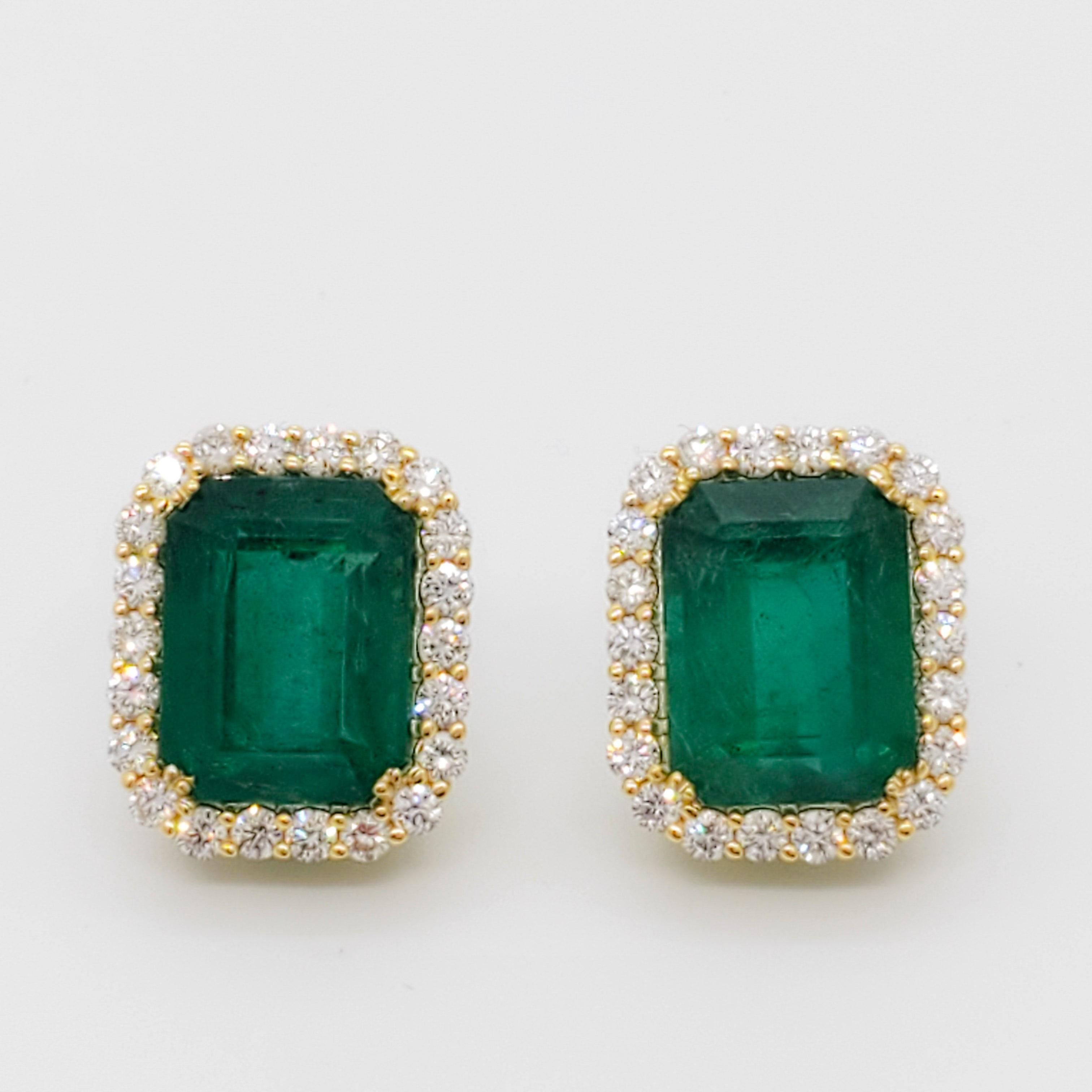 Breathtaking emerald emerald cuts weighing 14.96 ct. with 1.20 ct. good quality, white, and bright diamond rounds (total 44 stones).  Handmade in 18k yellow gold.  These earrings are versatile, chic, and a smart investment.