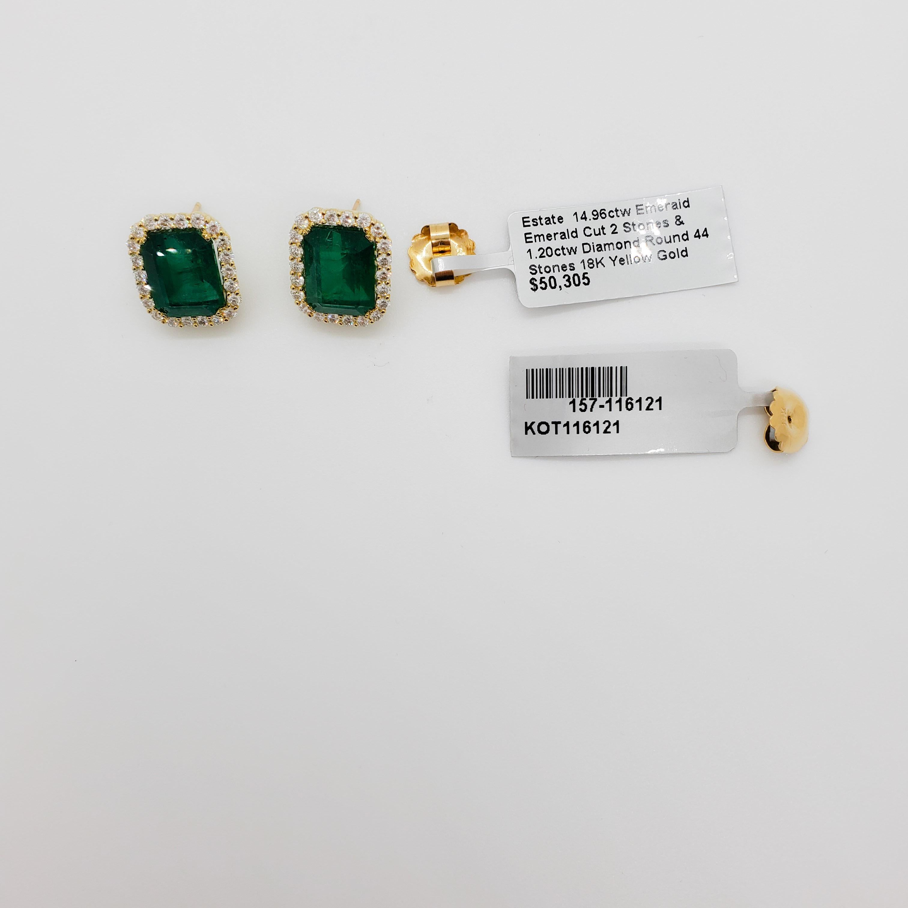 Estate Emerald and Diamond Earring Studs in 18k Yellow Gold 1