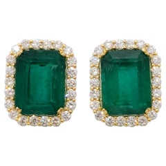 Estate Emerald and Diamond Earring Studs in 18k Yellow Gold