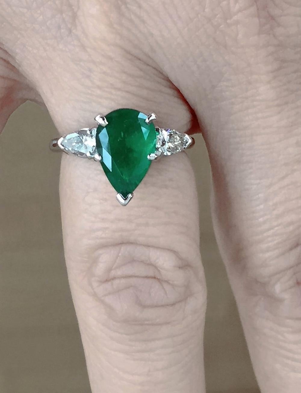 Pear Cut Estate Emerald and Diamond Engagement Platinum Ring Three-Stone Pear Shape