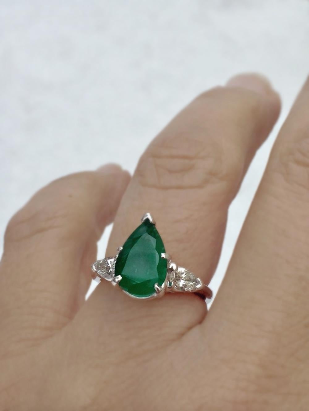 Women's Estate Emerald and Diamond Engagement Platinum Ring Three-Stone Pear Shape