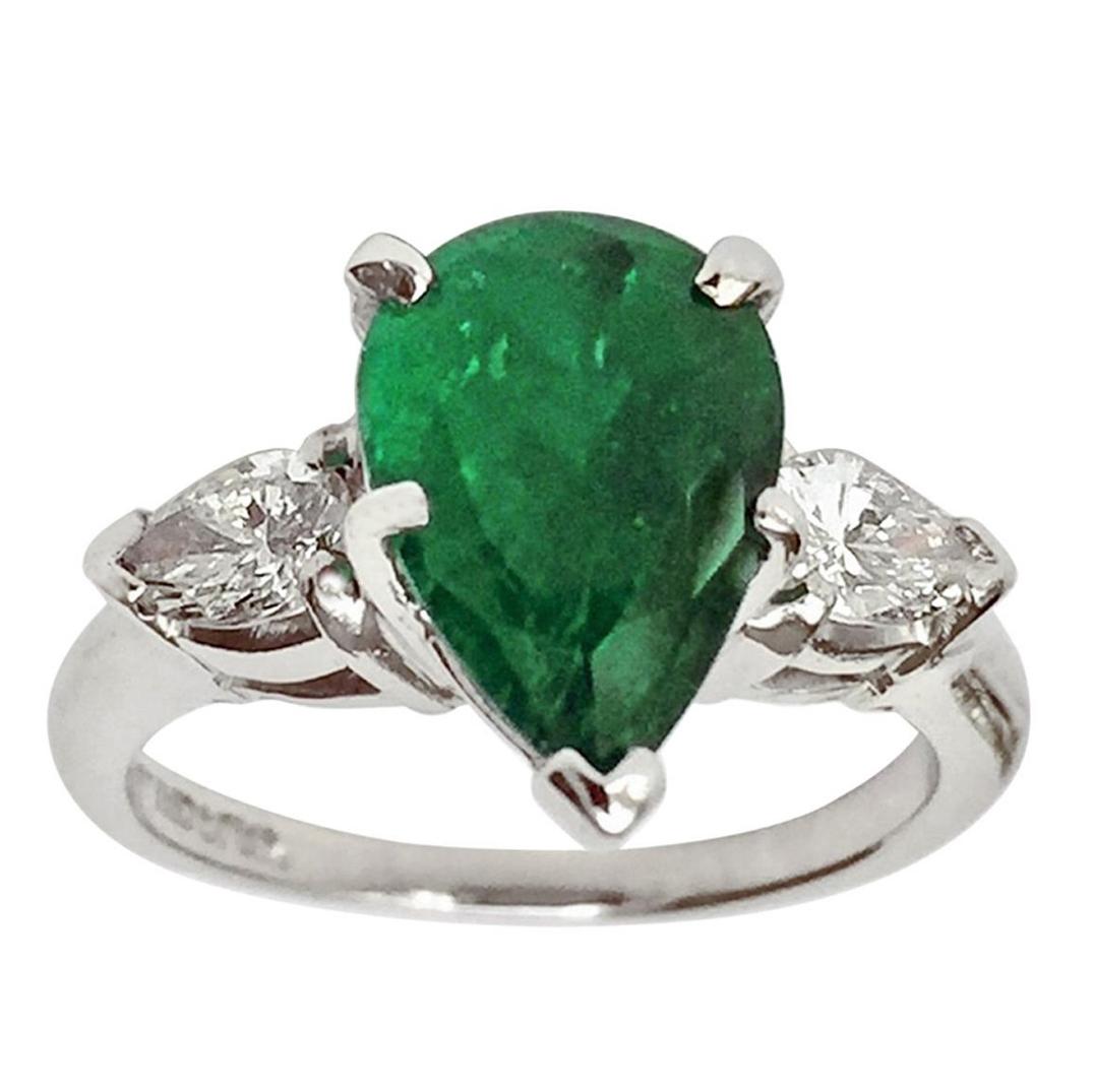 Estate Emerald and Diamond Engagement Platinum Ring Three-Stone Pear Shape