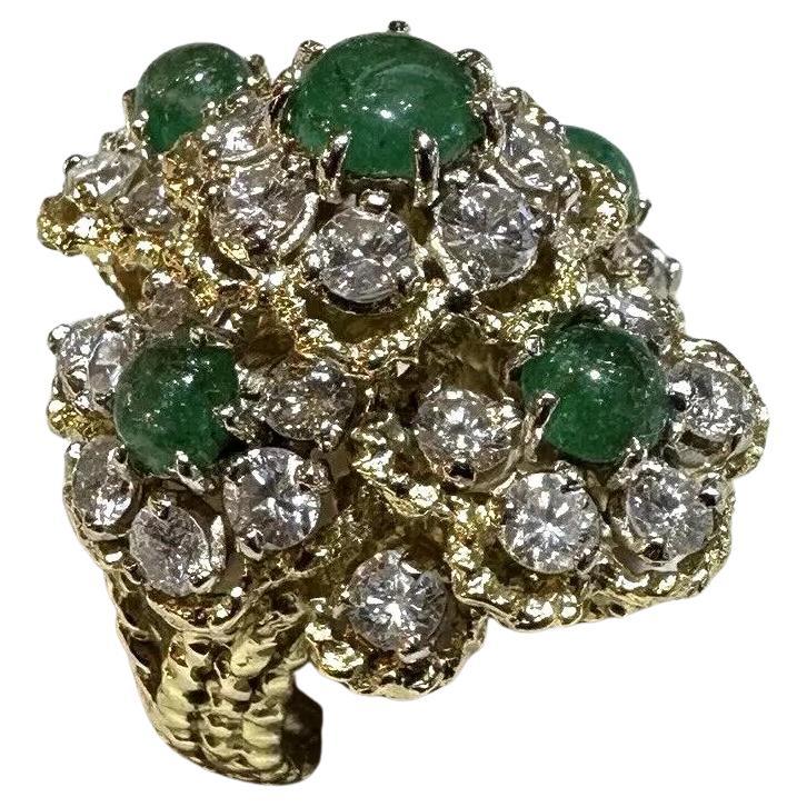Estate Emerald and Diamond Floret Dome Ring in 18k Yellow Gold