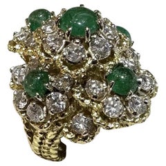 Estate Emerald and Diamond Floret Dome Ring in 18k Yellow Gold