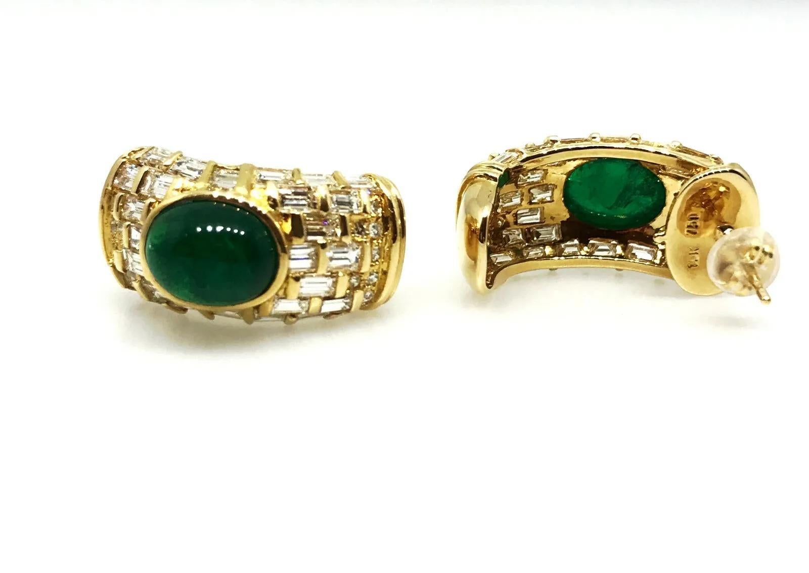 Cabochon Estate Emerald and Diamond Half Hoop Earrings in 18k Yellow Gold For Sale