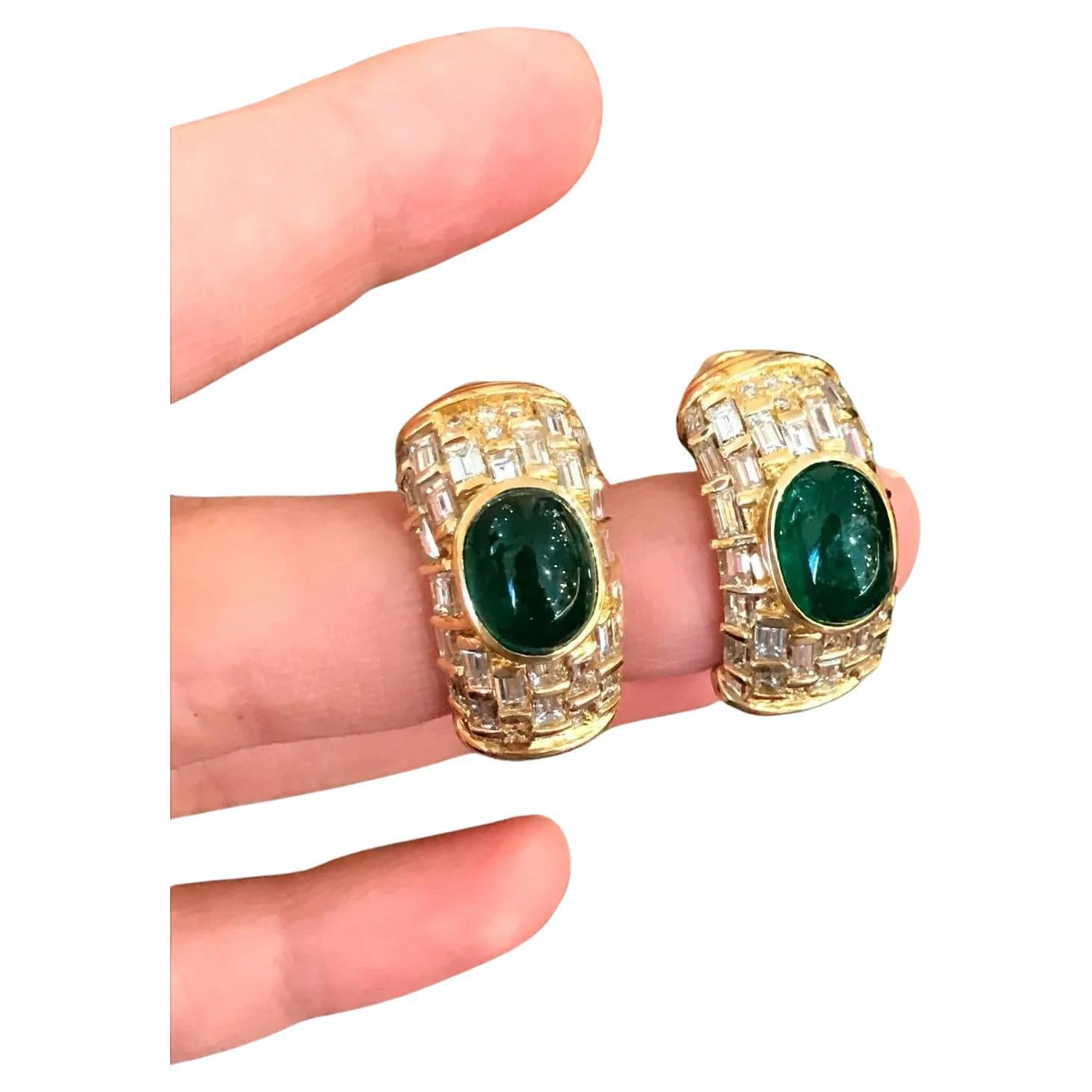 Estate Emerald and Diamond Half Hoop Earrings in 18k Yellow Gold For Sale