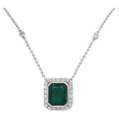 Estate Emerald and Diamond Pendant Necklace in 18k White Gold