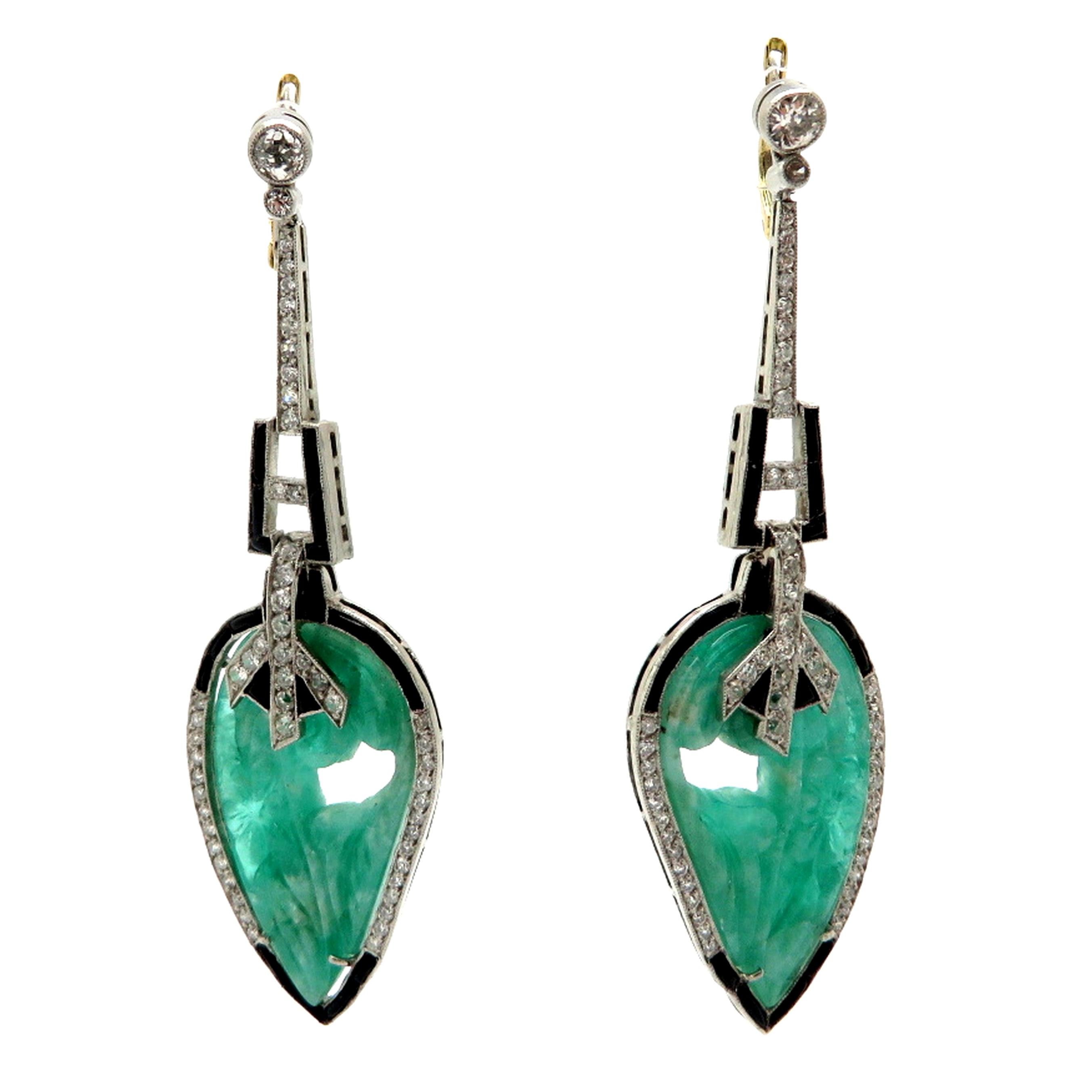 Estate Emerald and Diamond Platinum Art Deco Style Leaf Dangle Earrings