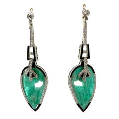 Estate Emerald and Diamond Platinum Art Deco Style Leaf Dangle Earrings