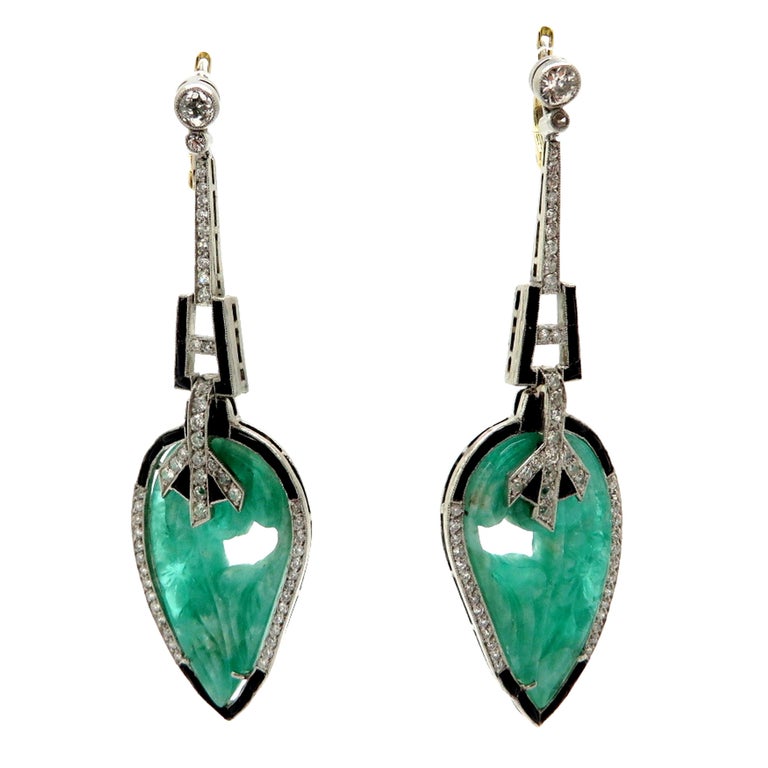 Estate Emerald and Diamond Platinum Art Deco Style Leaf Dangle Earrings ...