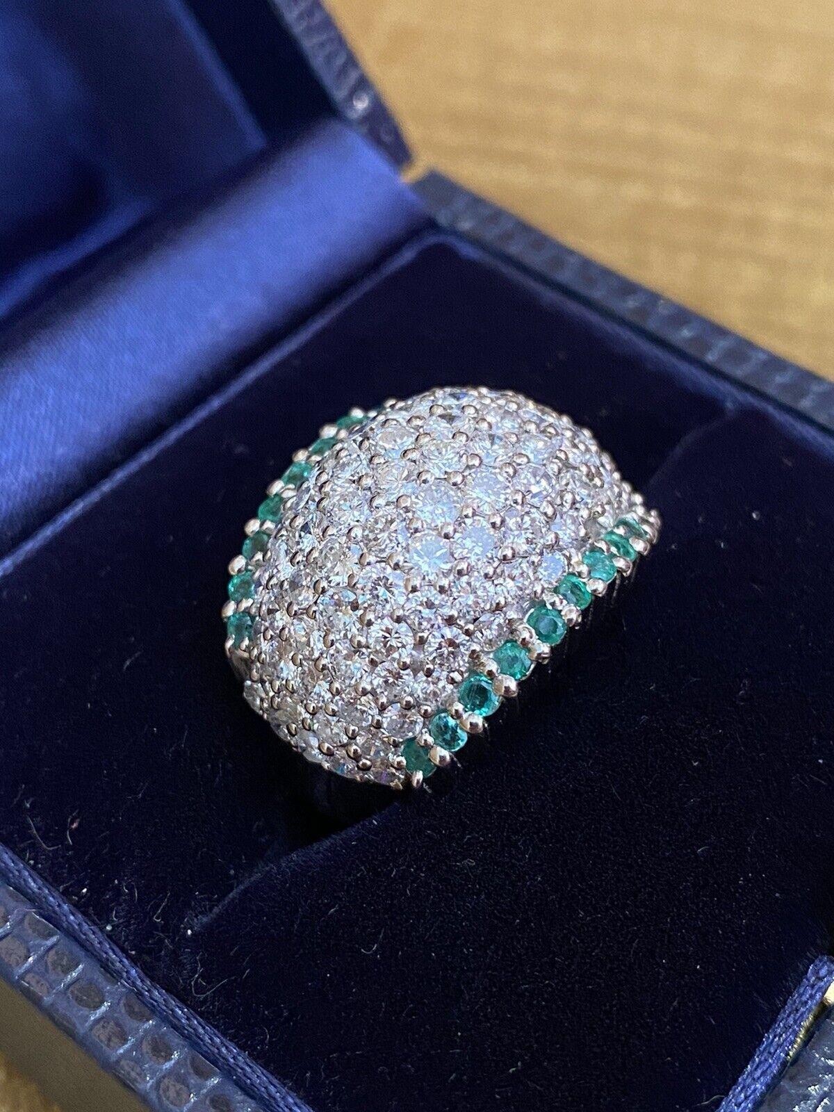 Estate Emerald and Diamond Wide Pavé Dome Ring in Platinum In Excellent Condition For Sale In La Jolla, CA
